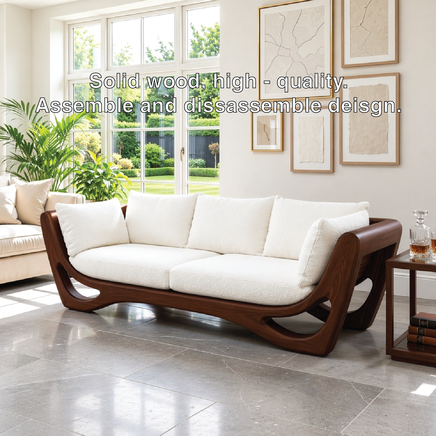 Modern Curved Wooden Sofa, Sculptural Minimalist Couch with Plush White Cushions