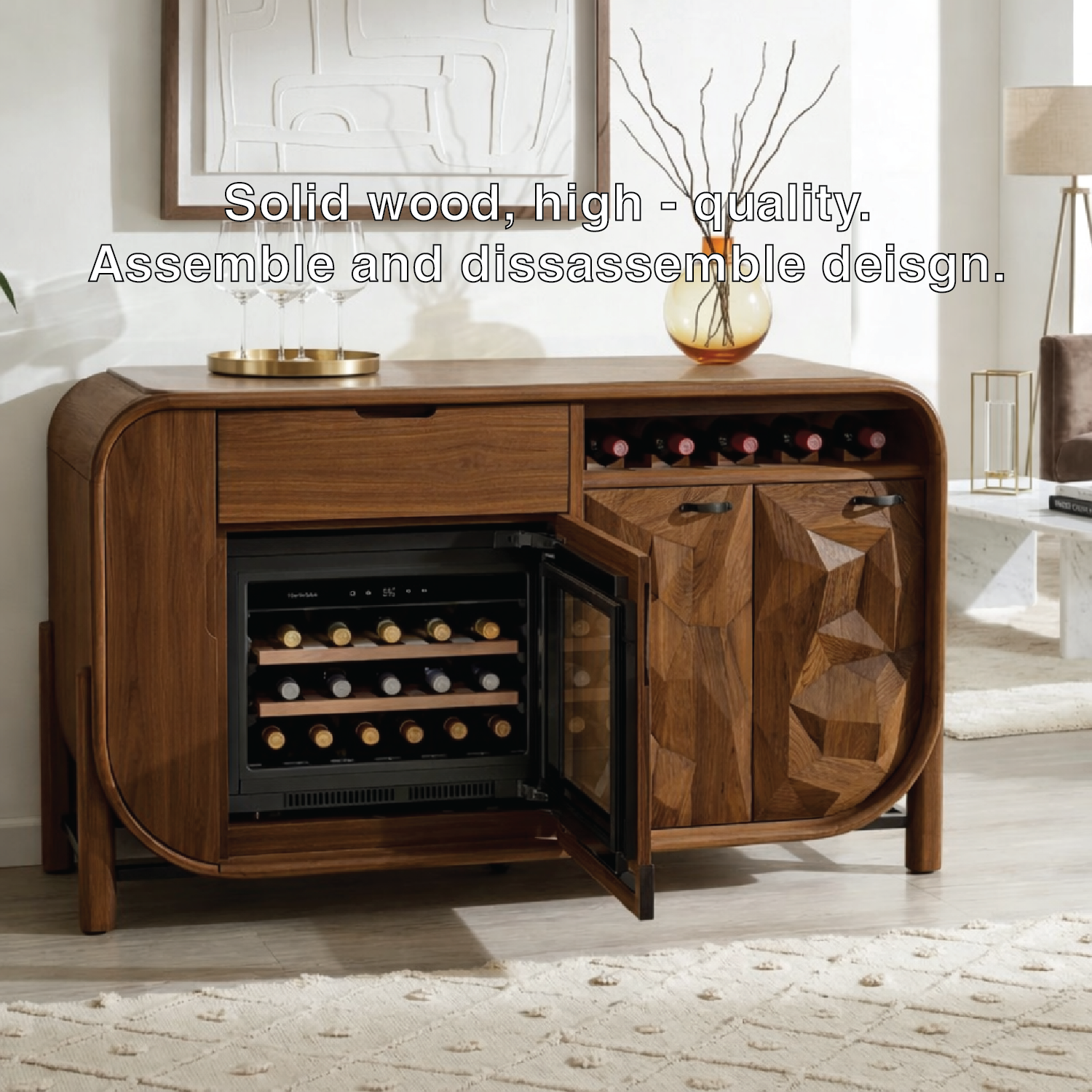 Modern Wooden Wine Bar Cabinet, Rounded Sideboard with Integrated Cooler Storage