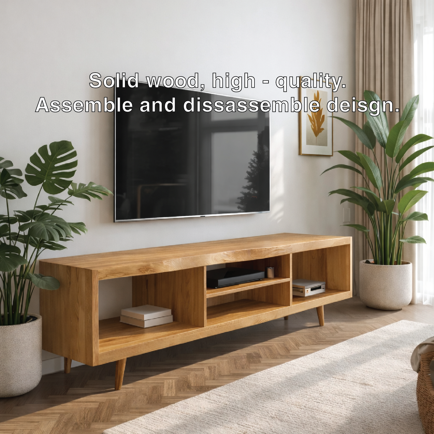 Walnut Mid Century Modern TV Stand Long Wood Media Console Minimalist Entertainment Center Kitchnce