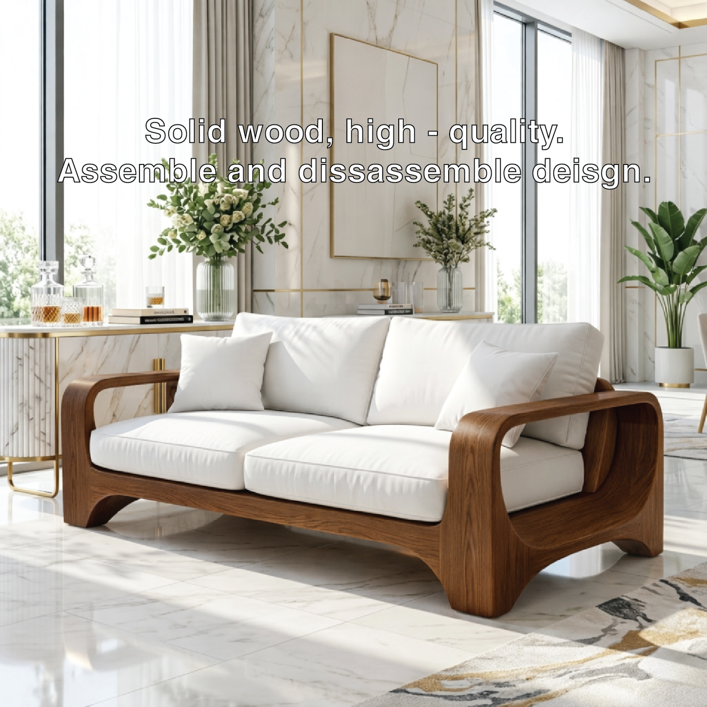 Modern Minimalist Solid Wood Sofa with White Fabric Cushions Zen Style Living Couch