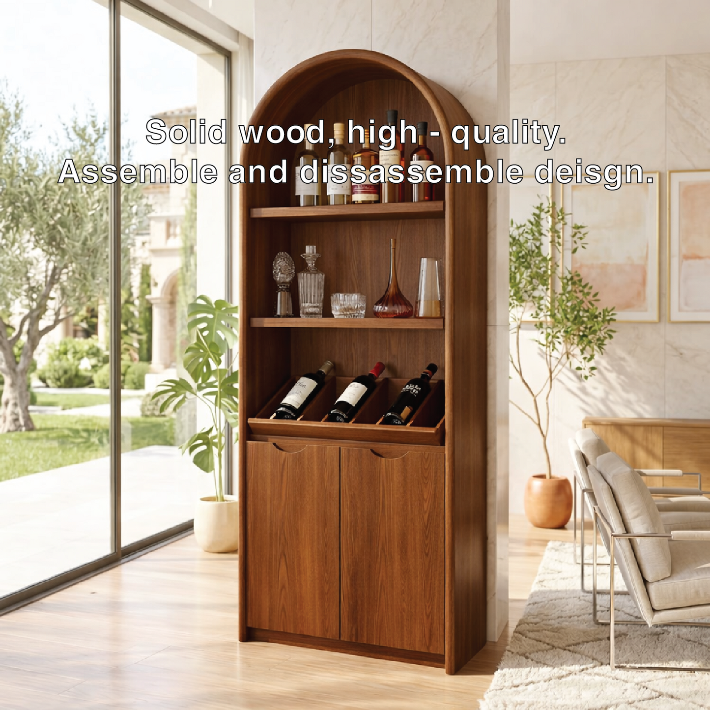 Contemporary Arched Wine Cabinet with Display Shelves and Hidden Storage Doors