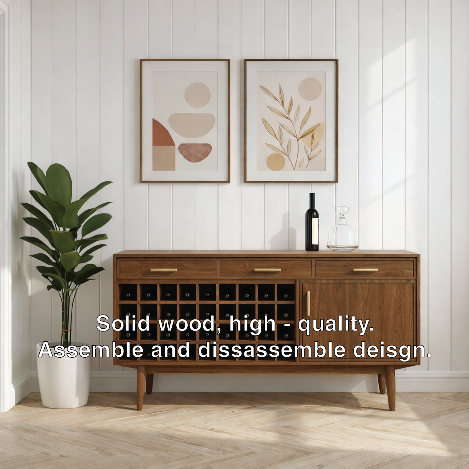 Mid Century Solid Wood Wine Cabinet with Large Bottle Rack and Drawer Storage