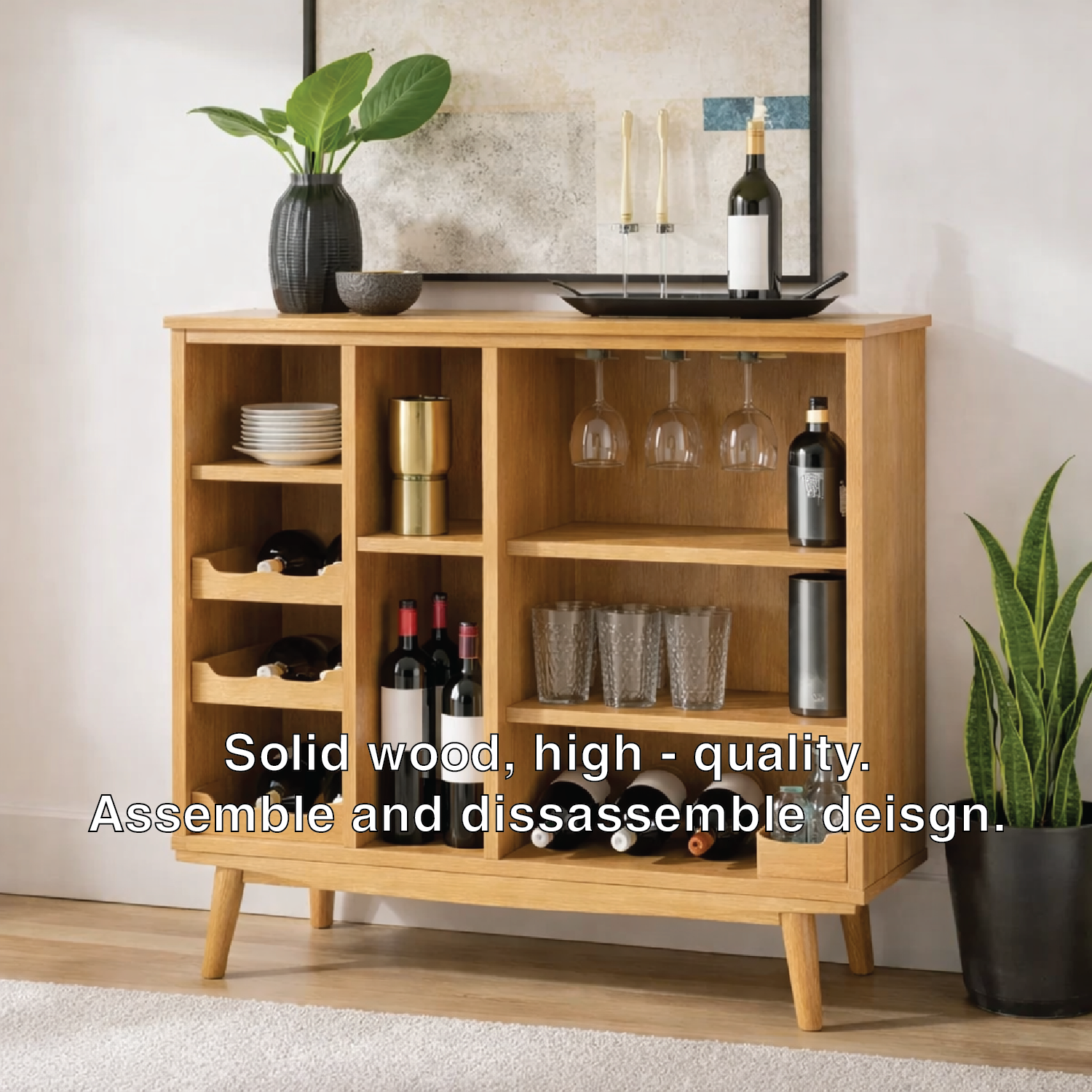 Solid Wood Wine Cabinet with Open Shelves and Glass Rack Storage Unit