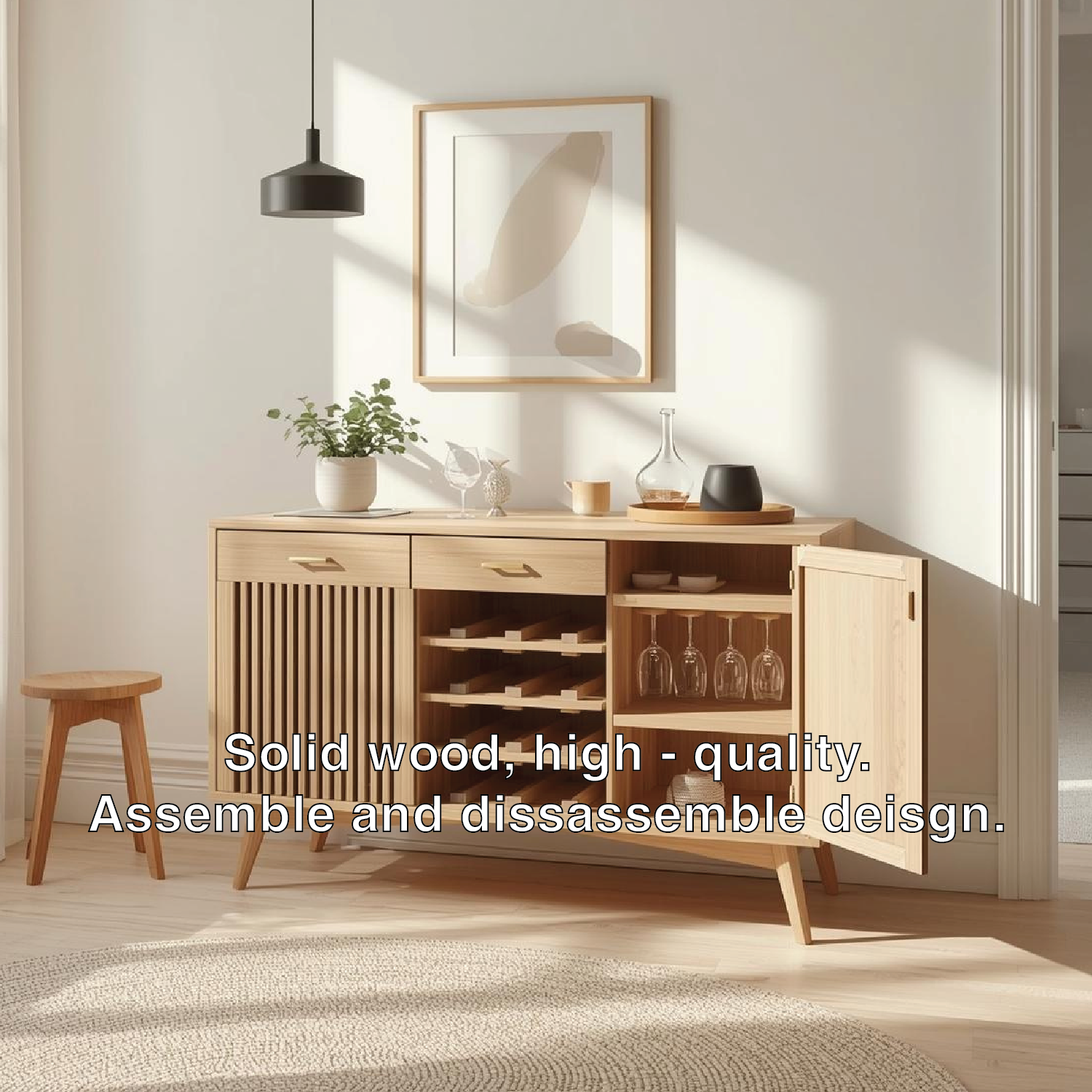 Mid Century Solid Wood Wine Cabinet with Fluted Door and Bottle Storage