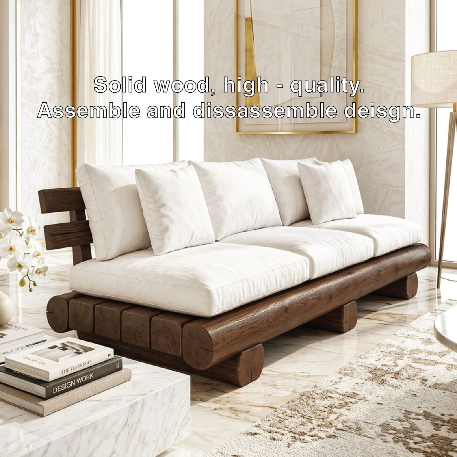Modern Rustic Wooden Sofa, Minimalist Contemporary Lounge with Oversized Cream Cushions