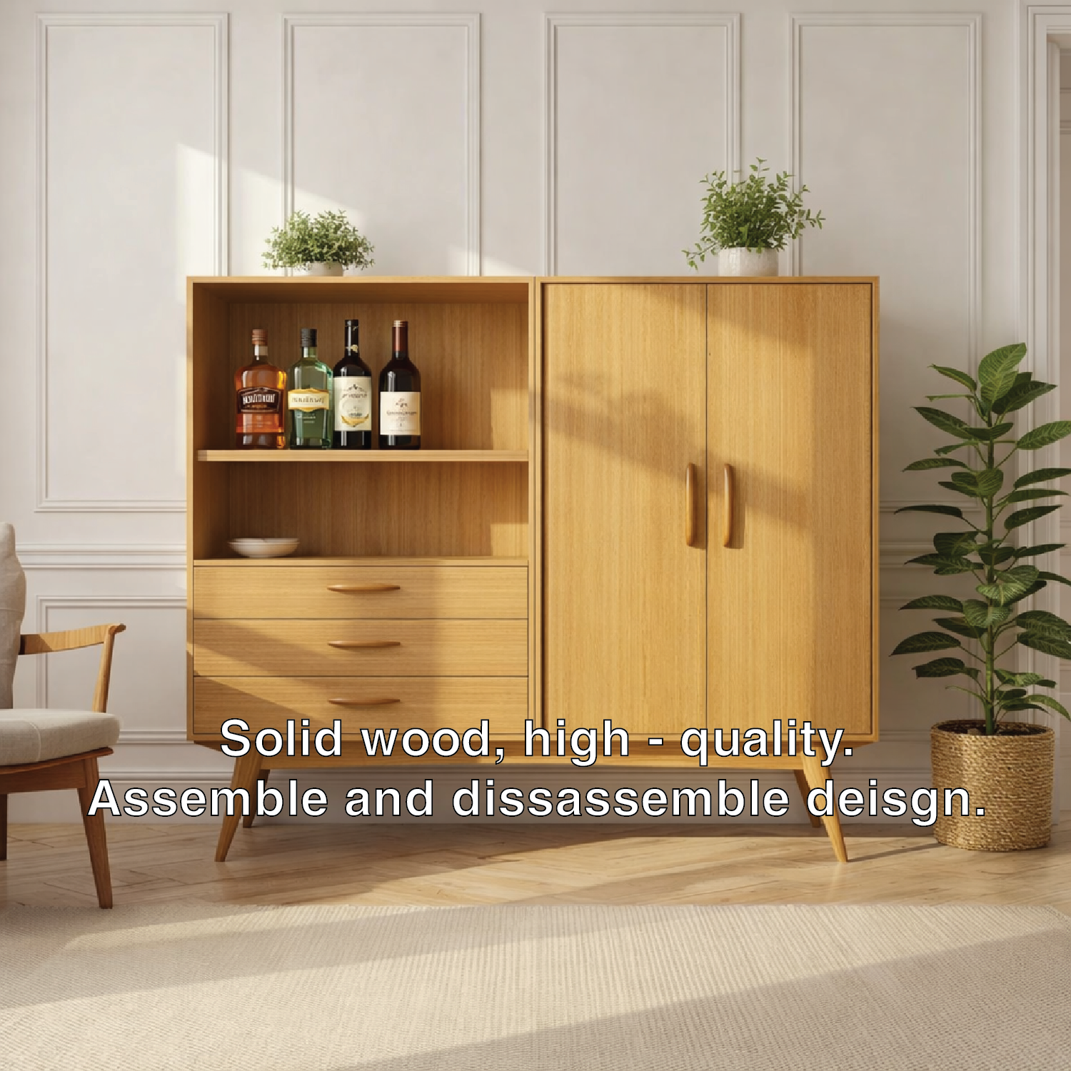 Handcrafted Solid Wood Wine Cabinet Mid Century Bar Storage with Doors and Drawers