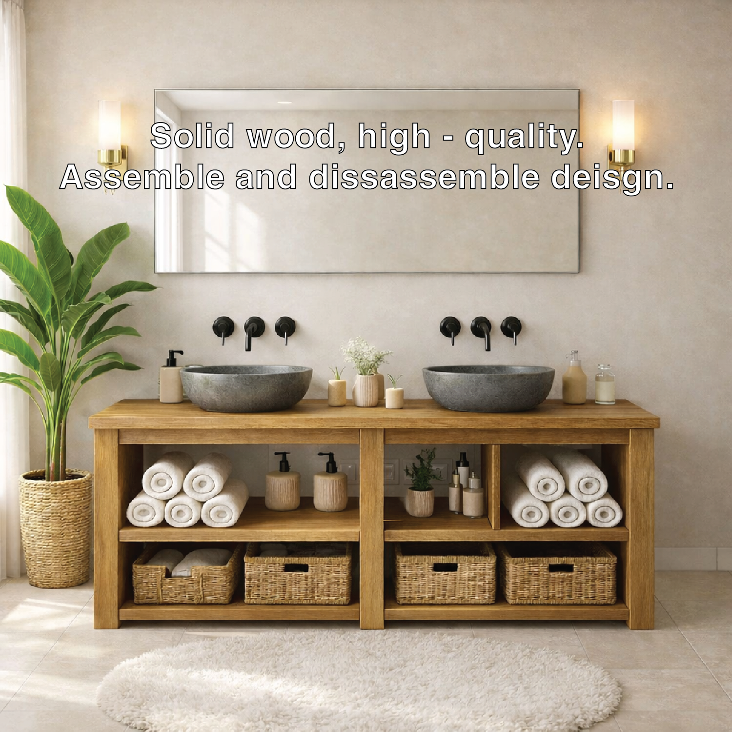 Rustic Double-Sink Wooden Bathroom Vanity with Storage Shelves