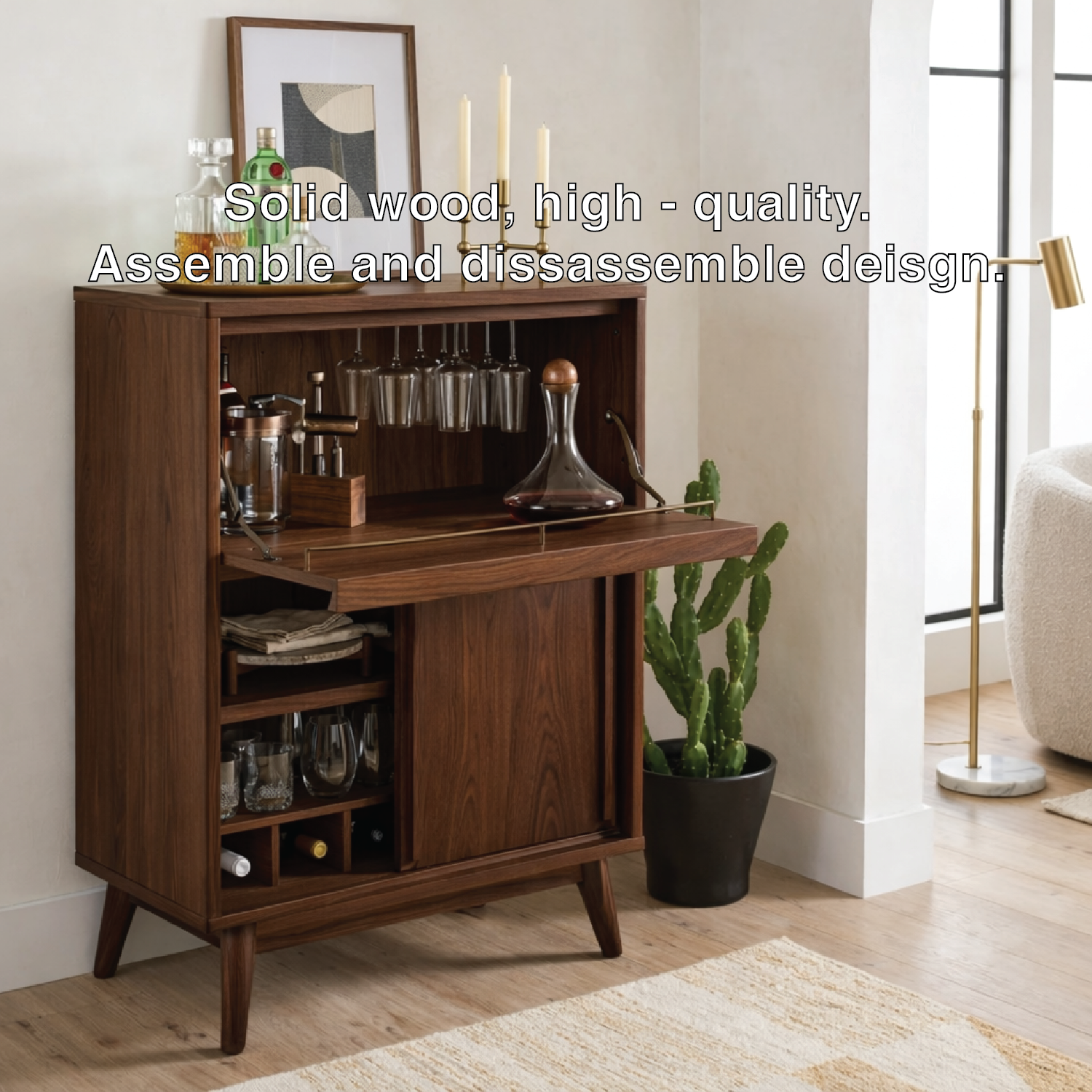 Contemporary Wooden Bar Cabinet, Entertaining Console with Glassware Storage Rack