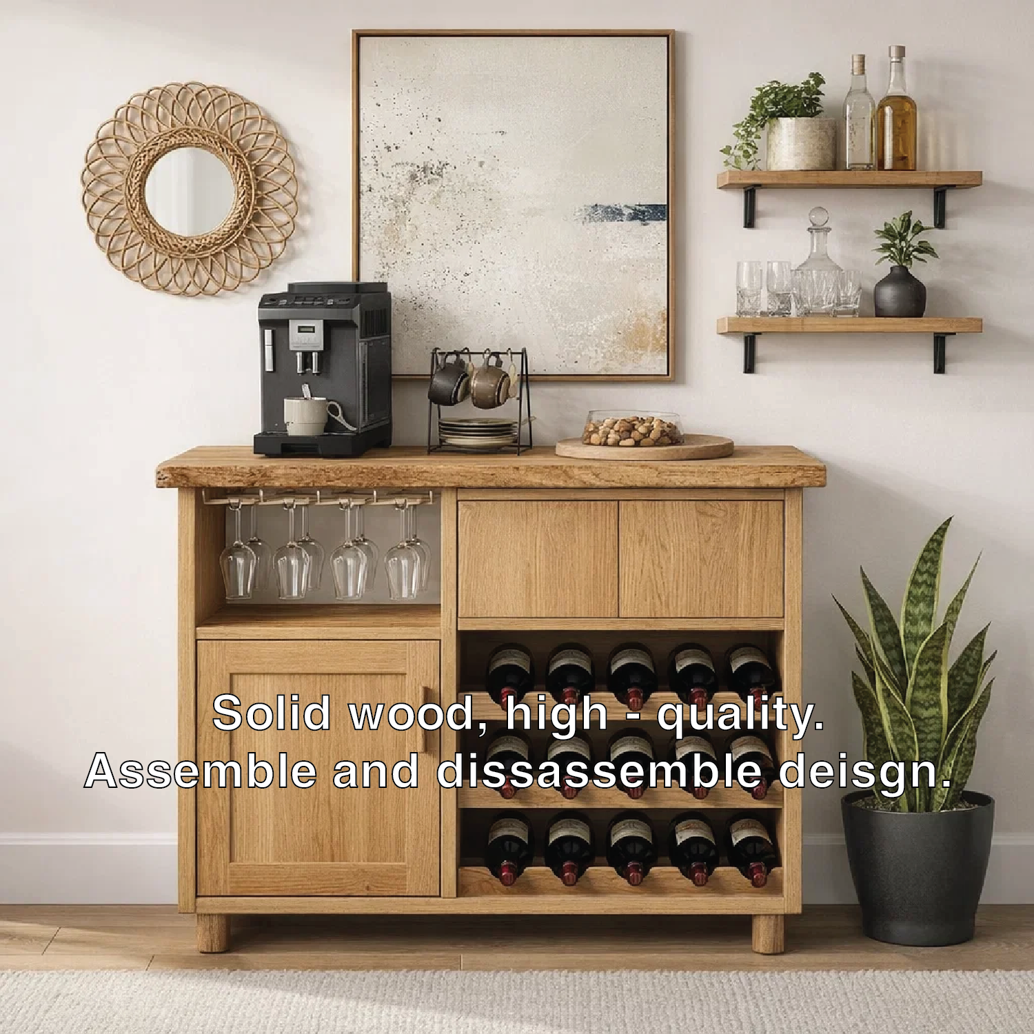 Solid Wood Wine Cabinet with Glass Holder and Bottle Storage Rack