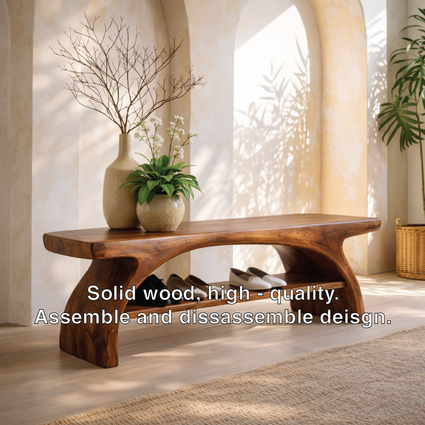 Sculptural Solid Wood Entryway Bench with Open Shoe Shelf