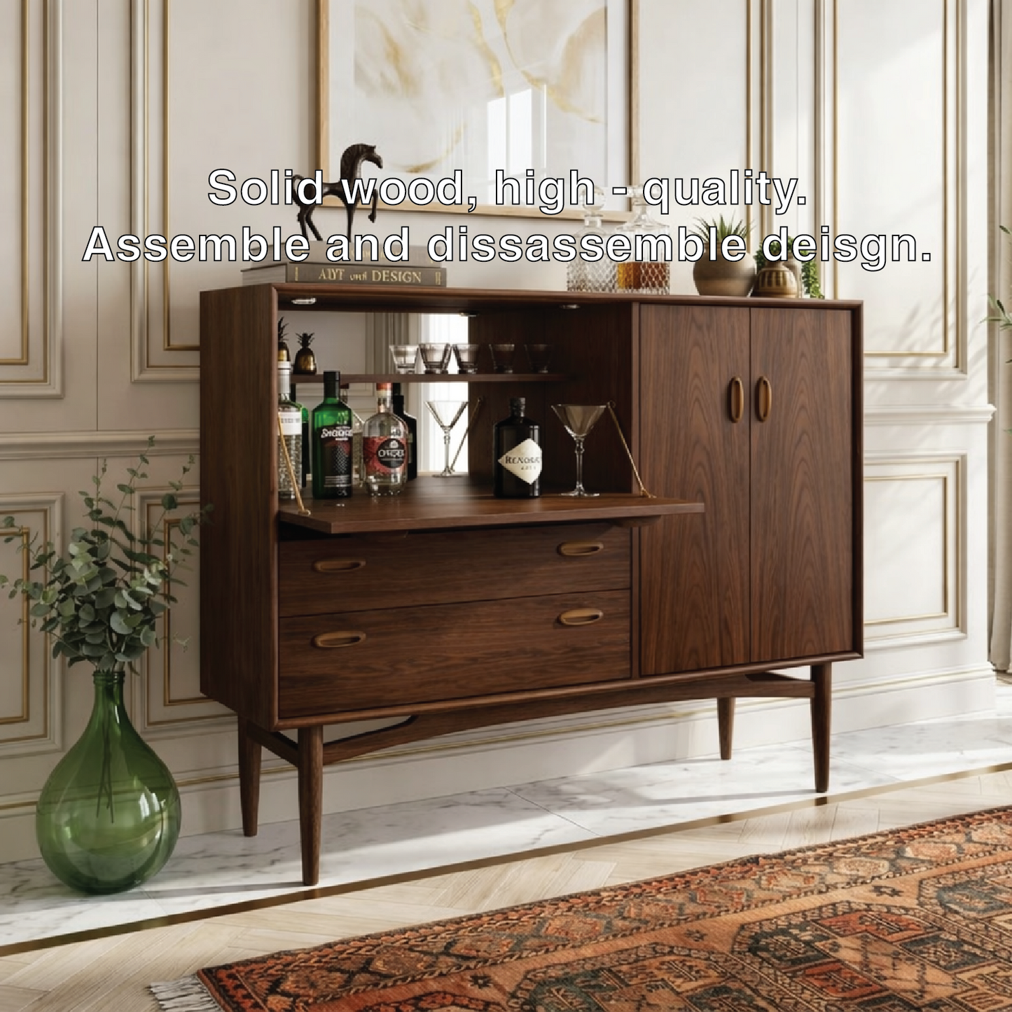 Contemporary Wooden Bar Cabinet, Stylish Mid Century Entertaining Console for Storage