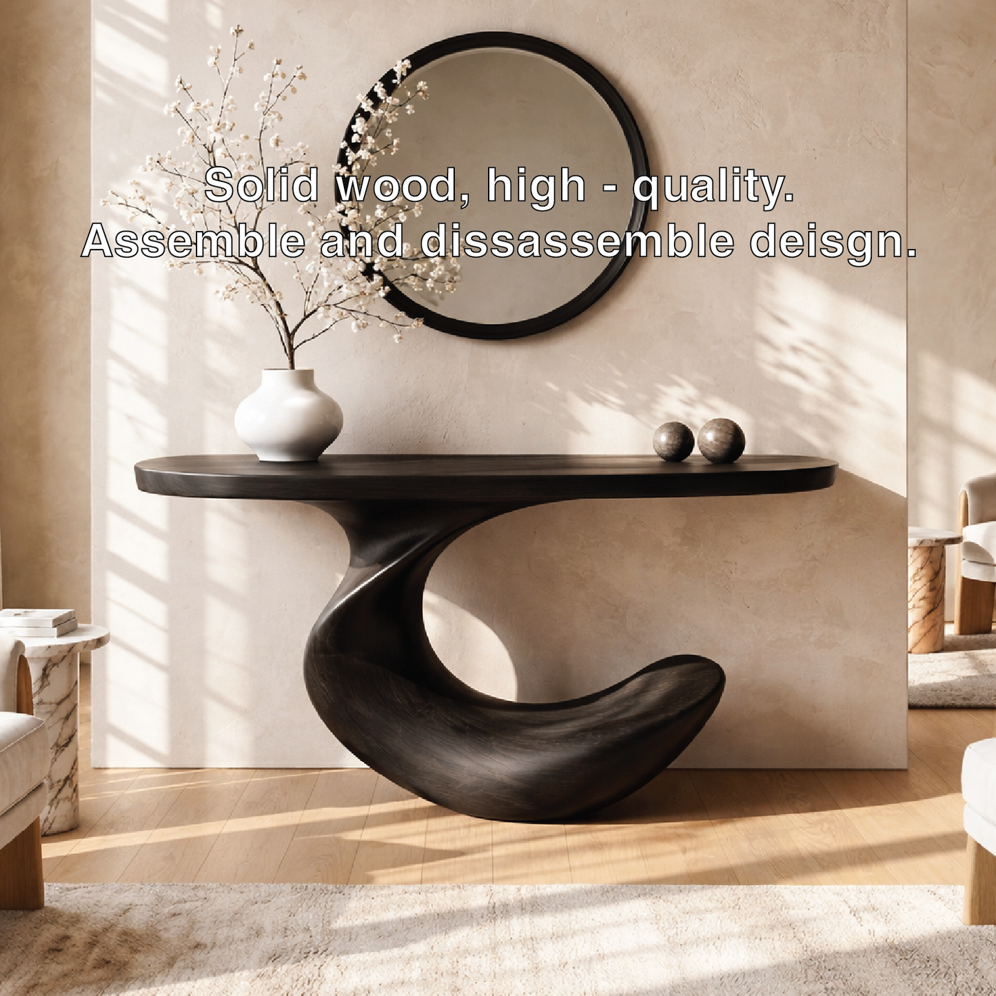 Solid Wood Console Table with Sculpted Curved Base, Modern Minimalist Design