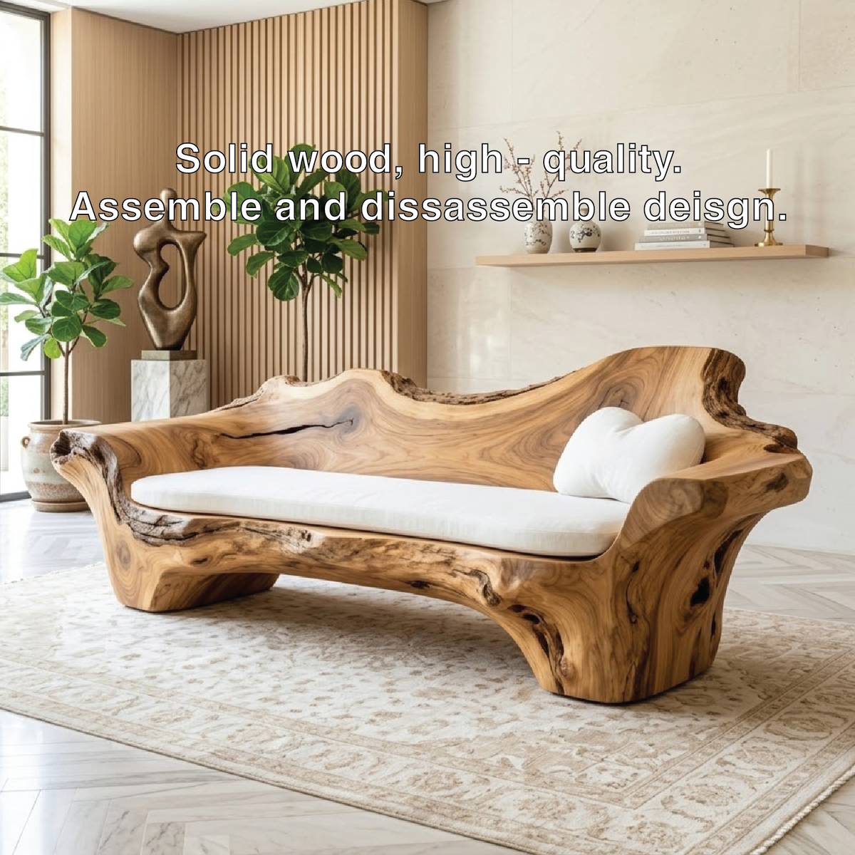 Modern Organic Sculptural Wooden Sofa, Handmade Statement Couch with Cream Cushion