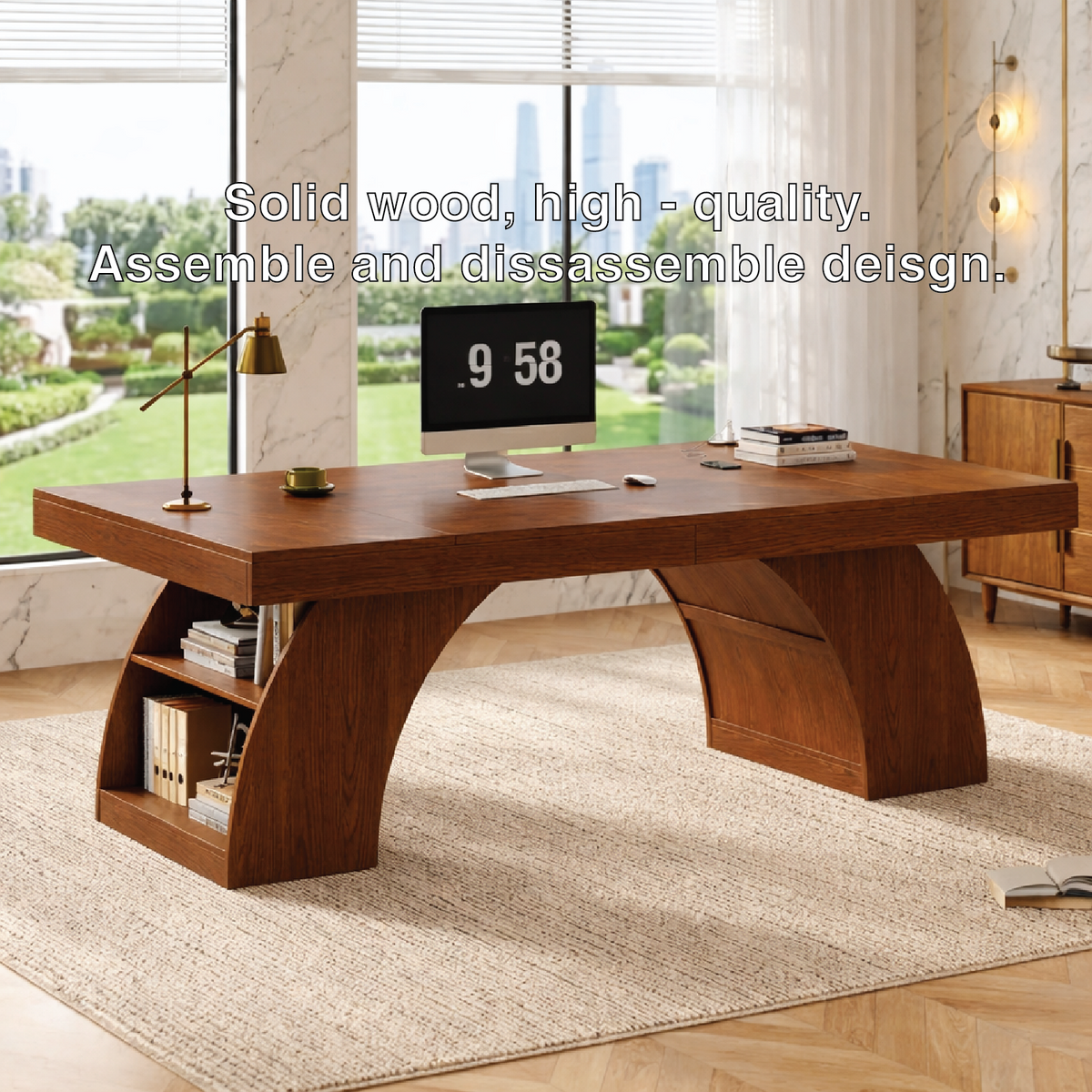 Modern Executive Desk with Sculptural Base, Storage Shelves, Designer Workspace Office Table