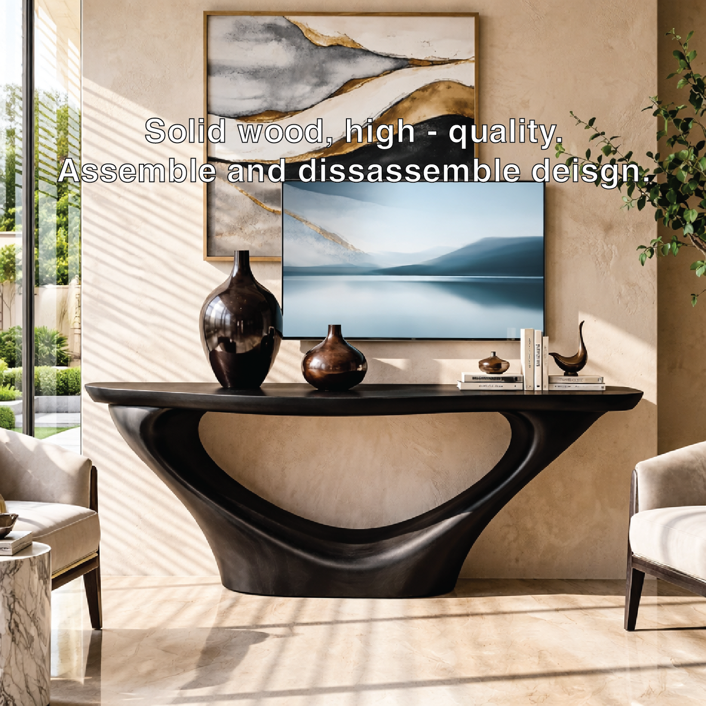 Solid Wood Console Table with Sculptural Curved Base, Modern Artistic Design