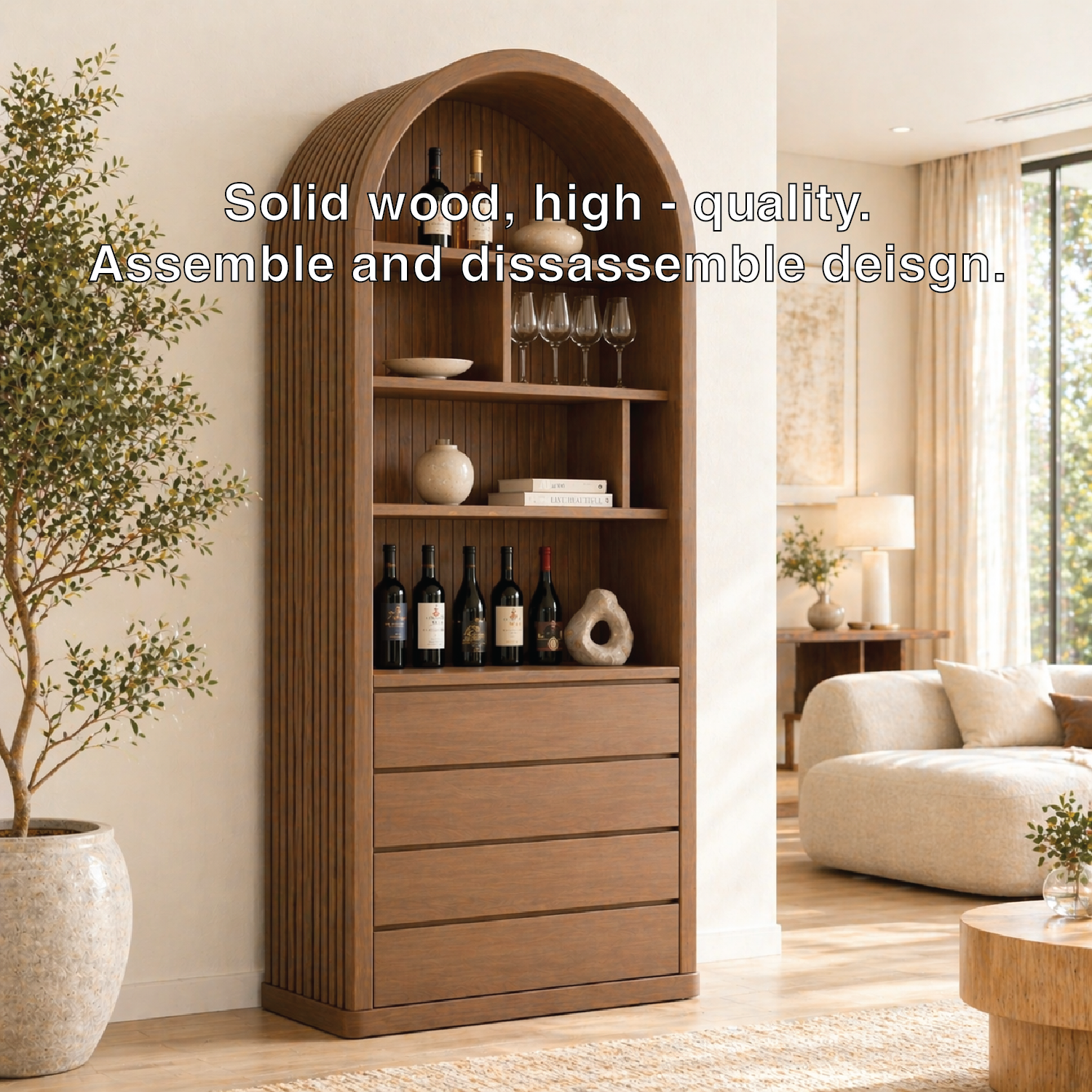 Arched Wine Cabinet Tall Bar Storage Glass Display Shelves Drawer Organizer