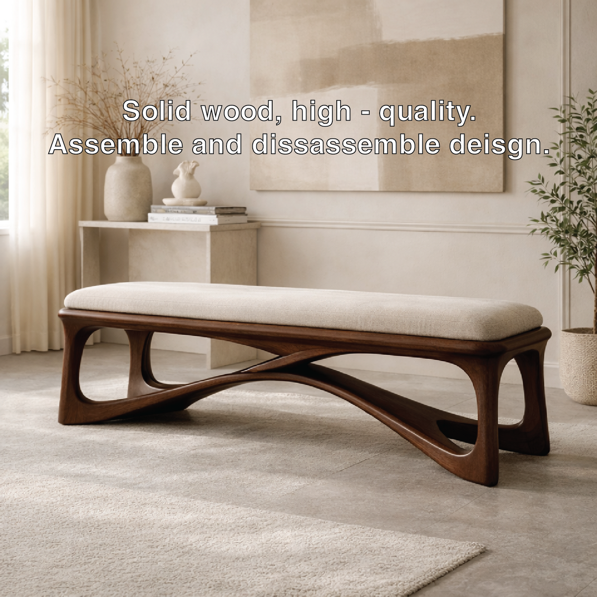 Modern Upholstered Wooden Entryway Bench, Sculptural Hallway Seating for Luxury Homes