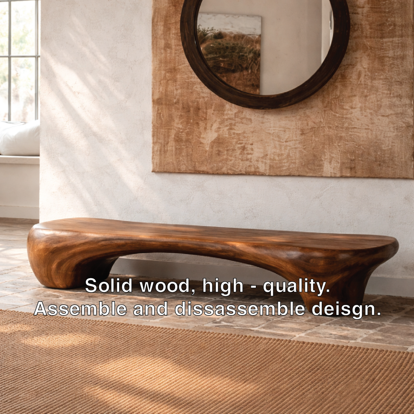 Organic Sculptural Solid Wood Bench, Modern Rustic Statement Seating
