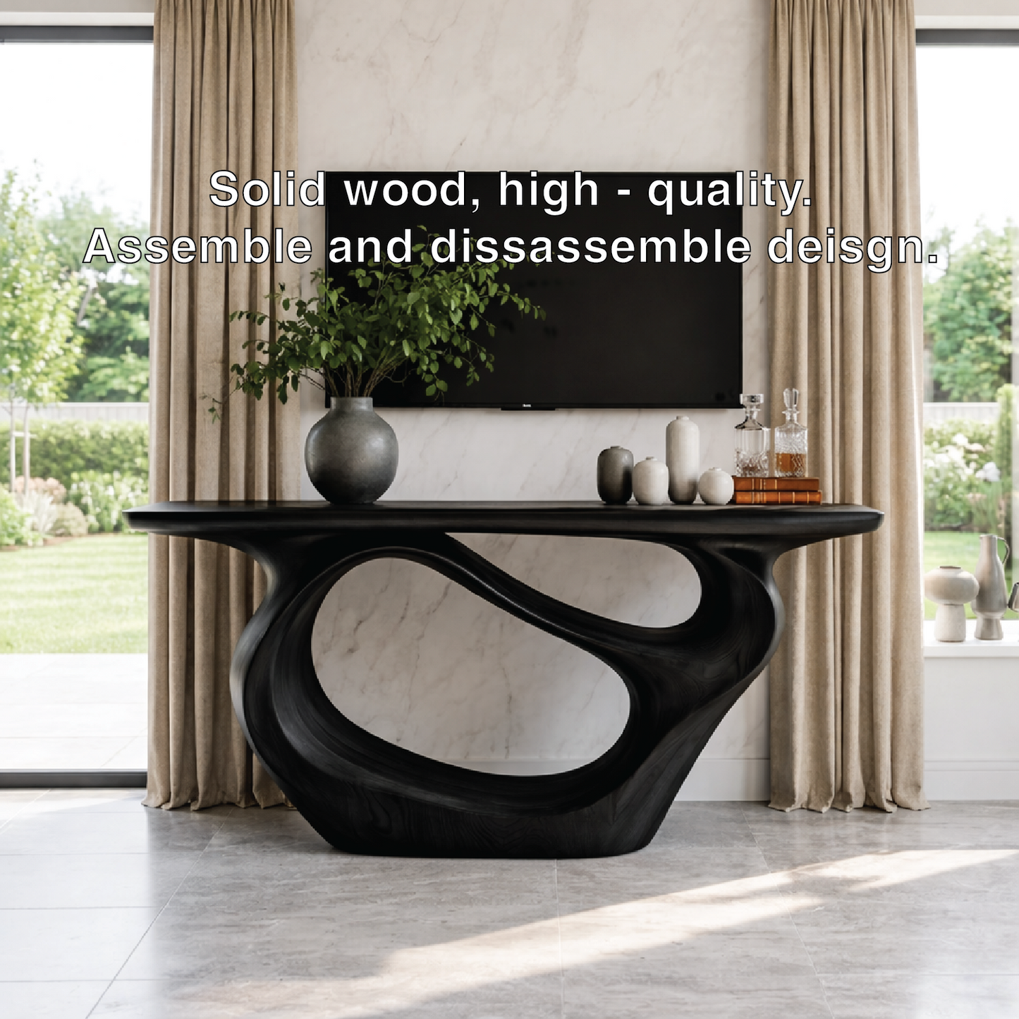 Solid Wood Console Table with Organic Curved Base, Modern Artistic Design