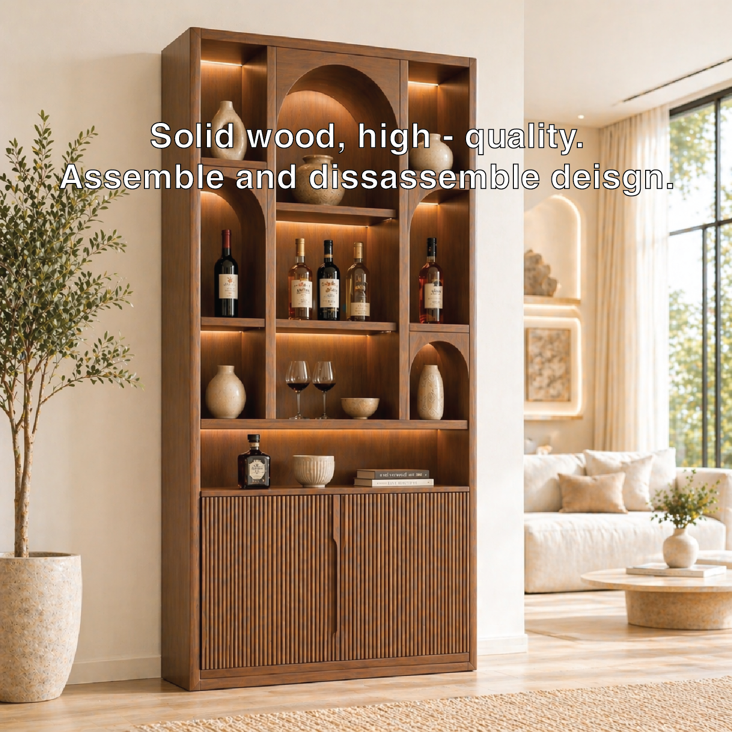 Tall Wine Cabinet Bar Display Storage Shelves Freestanding Home Entertaining Cabinet