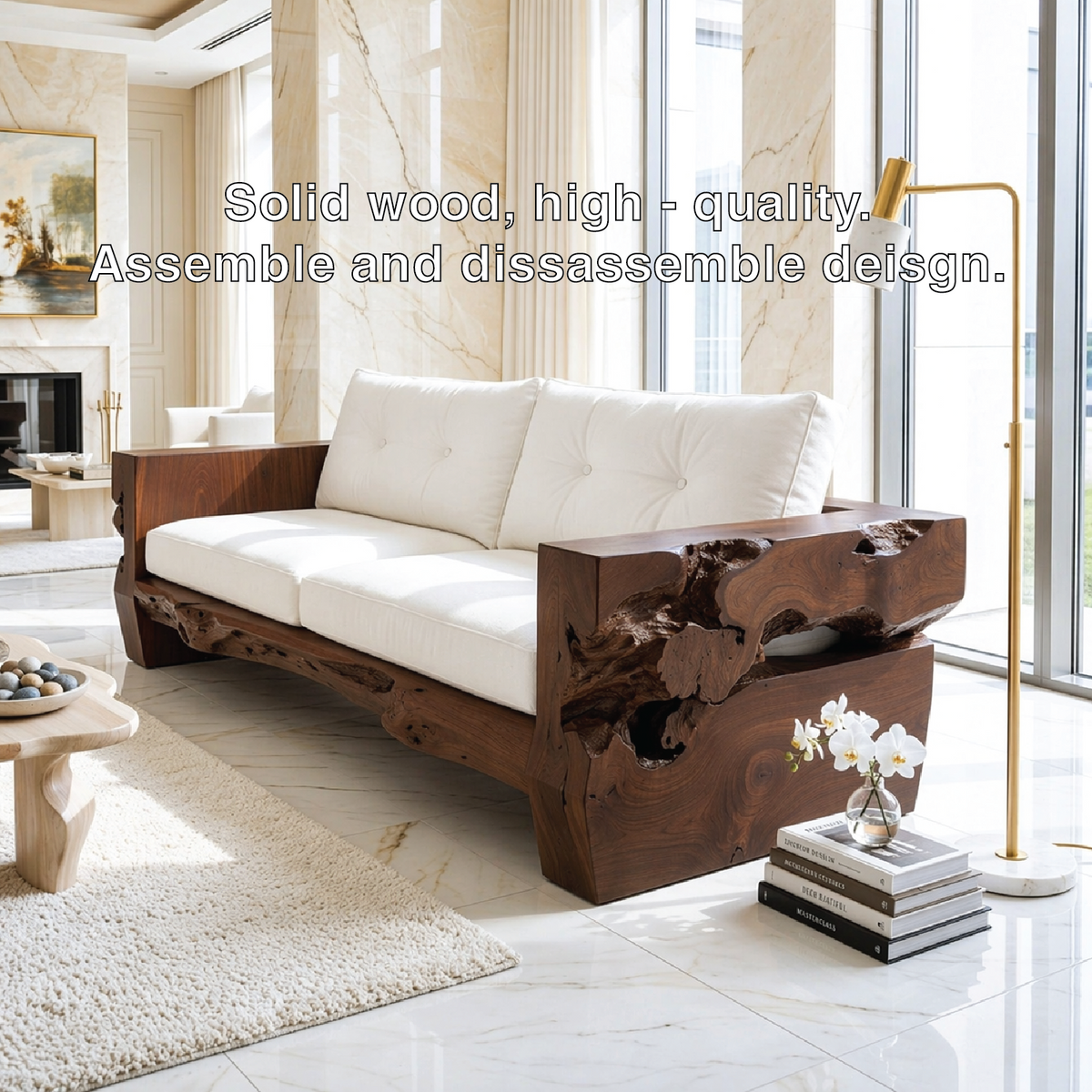 Contemporary Organic Wooden Sofa, Sculptural Luxury Lounge Couch with White Cushions