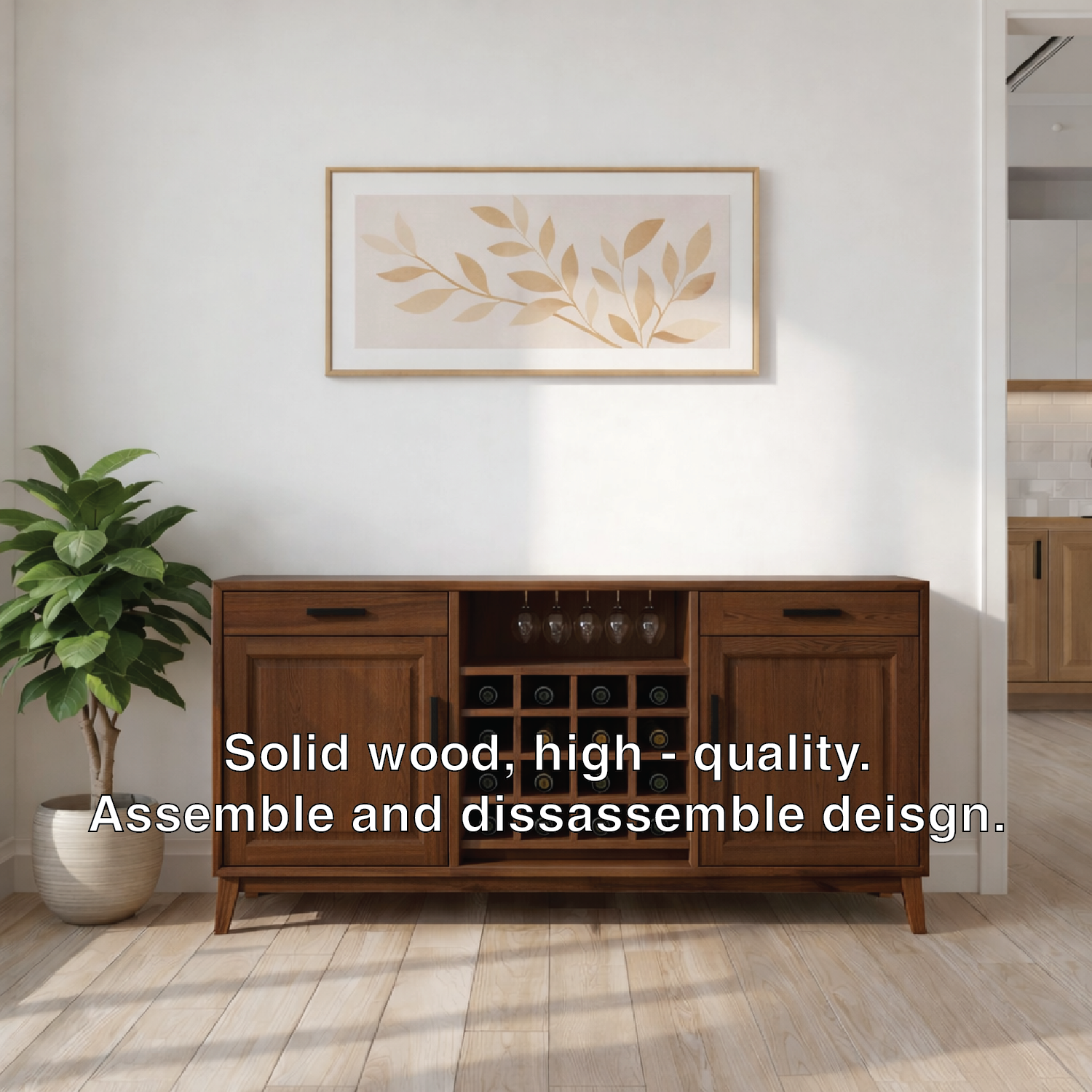 Mid Century Solid Wood Wine Cabinet with Bottle Rack and Glass Storage Sideboard