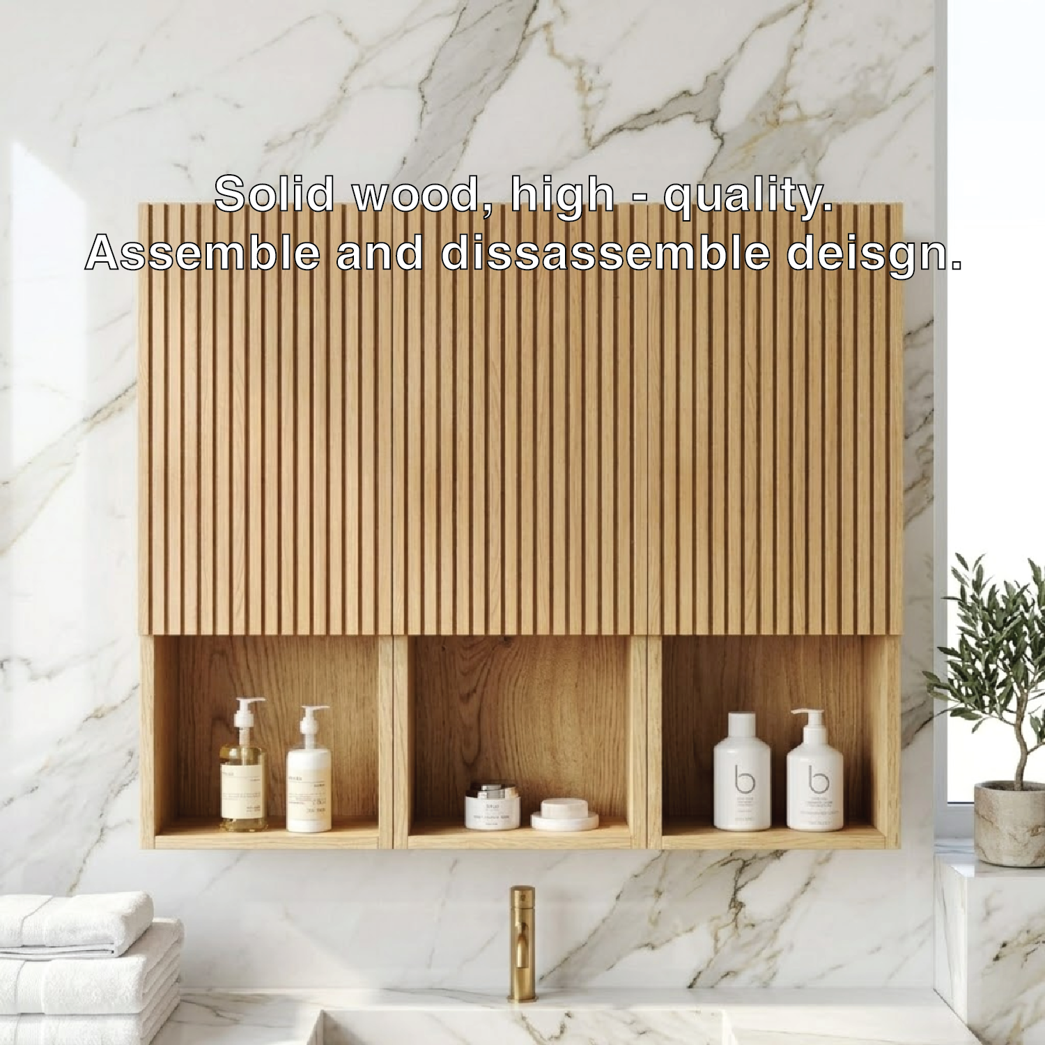 Floating Bathroom Cabinet, Modern Slatted Wall Mounted Vanity Storage Organizer Unit