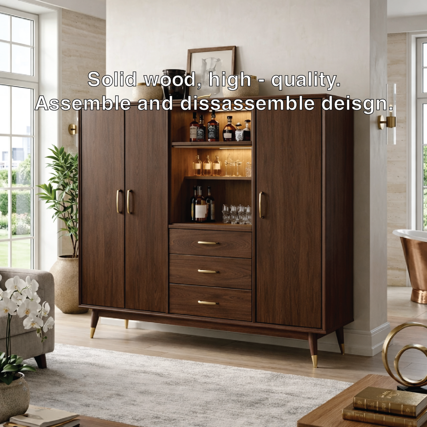 Contemporary Wooden Bar Cabinet, Entertaining Storage Sideboard with Glassware Display