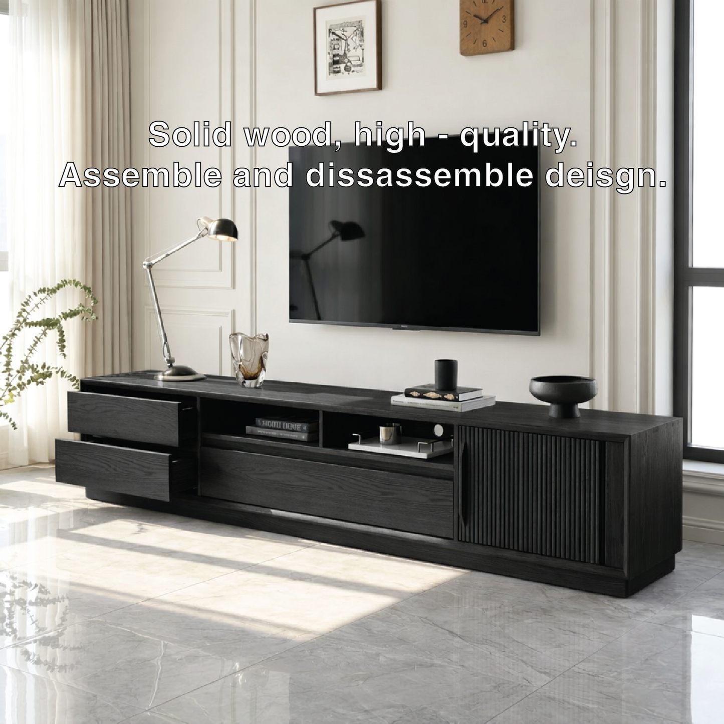 Solid Wood TV Stand with Drawers and Slatted Door, Modern Media Console