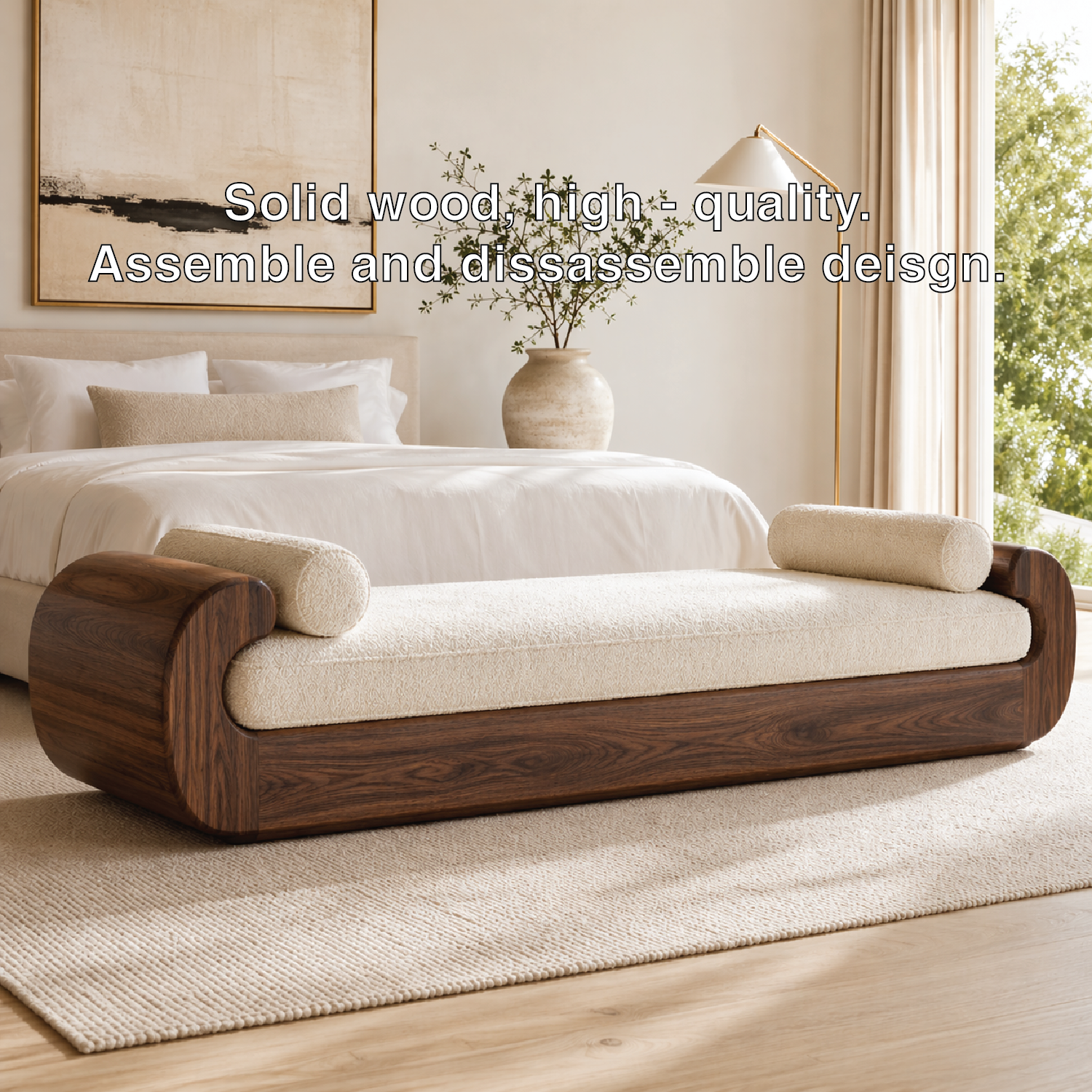 Modern Upholstered Daybed Bench Curved Bedroom Lounge with Bolster Pillows