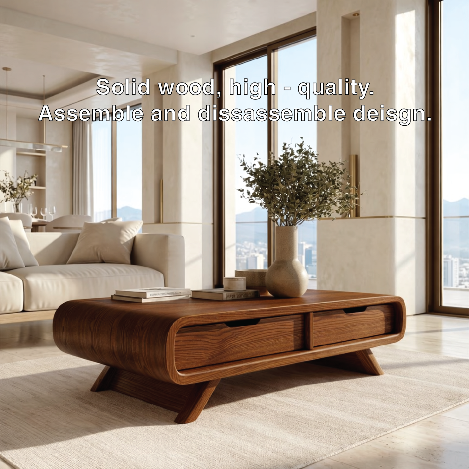 Modern Storage Coffee Table with Drawers, Minimalist Rounded Living Room Centerpiece