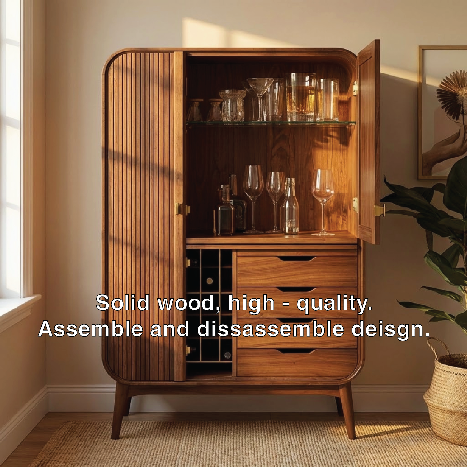 Handcrafted Solid Wood Wine Cabinet Ribbed Door Mid Century Bar Storage with Drawers