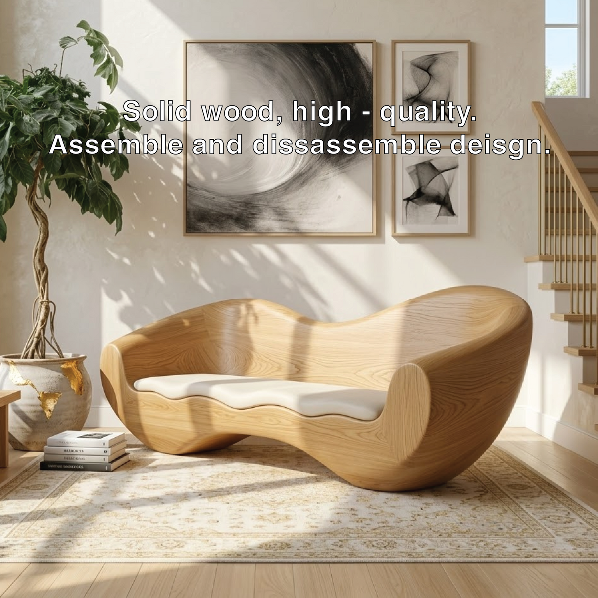 Modern Sculptural Curved Lounge Bench, Organic Minimalist Statement Furniture Piece
