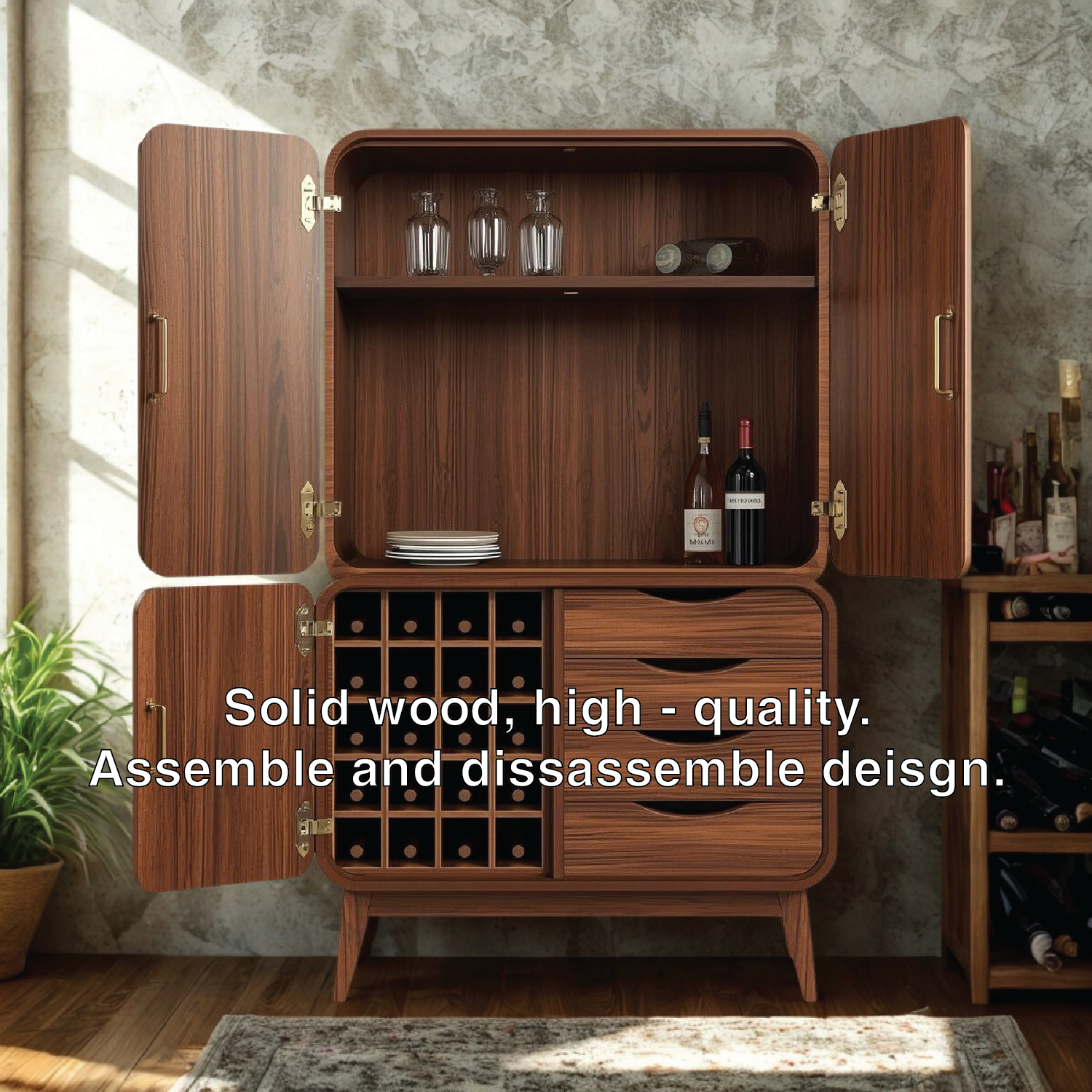 Handcrafted Solid Wood Wine Cabinet Mid Century Bar Storage with Drawers and Bottle Grid