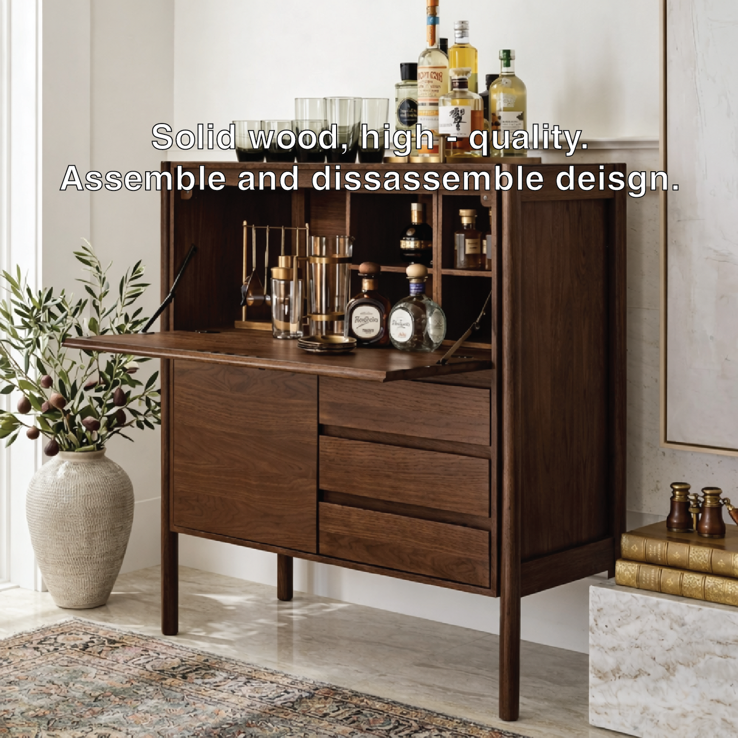 Mid Century Bar Cabinet, Fold-Down Cocktail Console with Glassware Bottle Storage