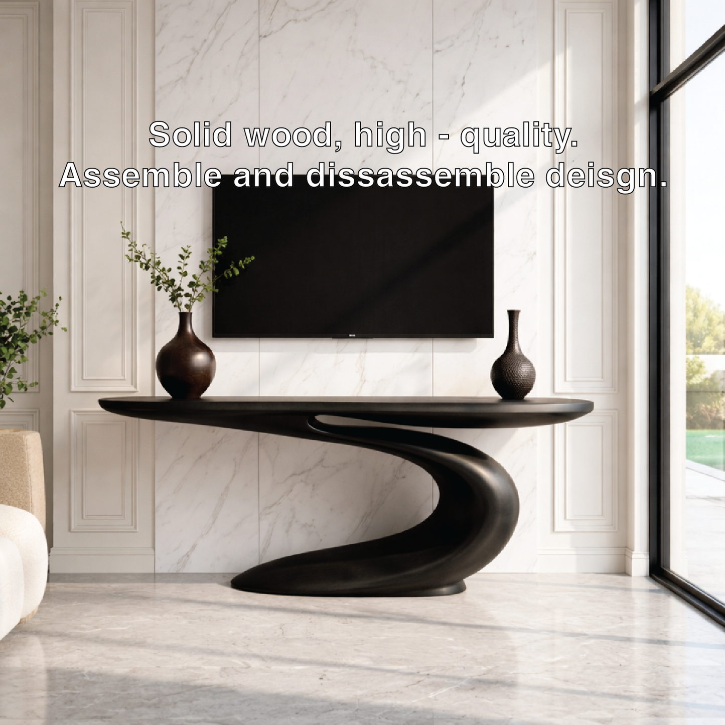 Solid Wood Console Table with Sculpted Curved Base, Modern Artistic Design