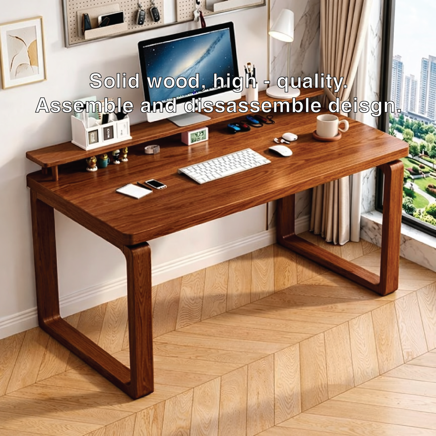 Modern Writing Desk with Monitor Stand, Minimalist Home Office Computer Table