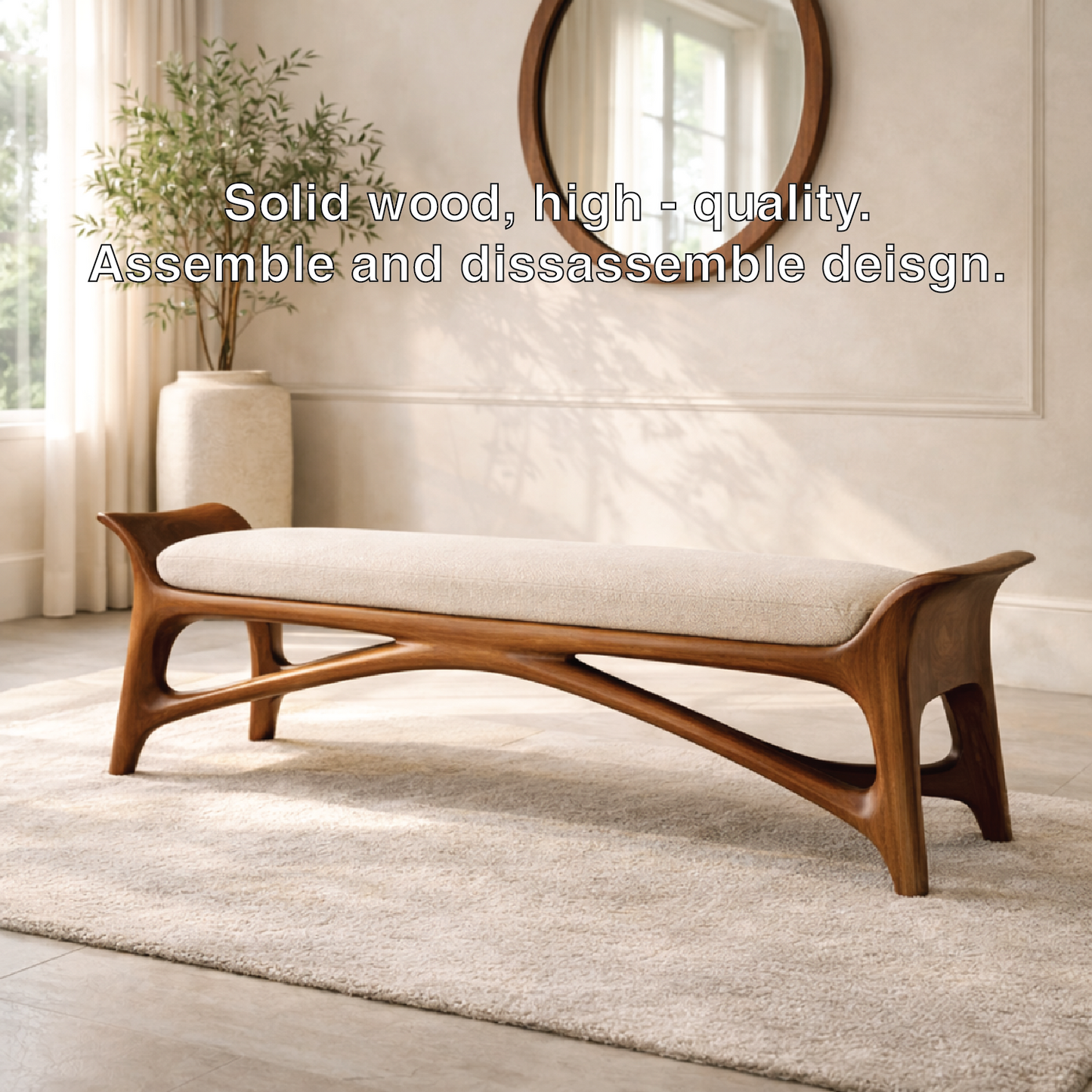Modern Upholstered Entryway Bench, Luxury Sculptural Hallway Seat with Curved Frame