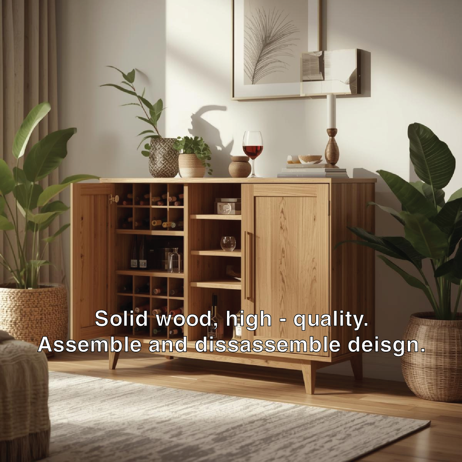 Handcrafted Solid Wood Wine Cabinet with Bottle Storage Modern Home Bar Sideboard