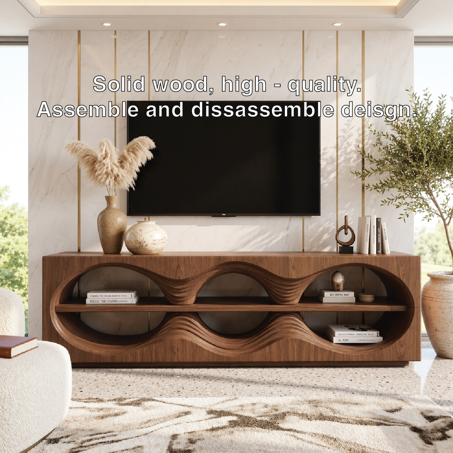 Sculptural Wave TV Console, Modern Entertainment Stand for Elegant Home Interiors