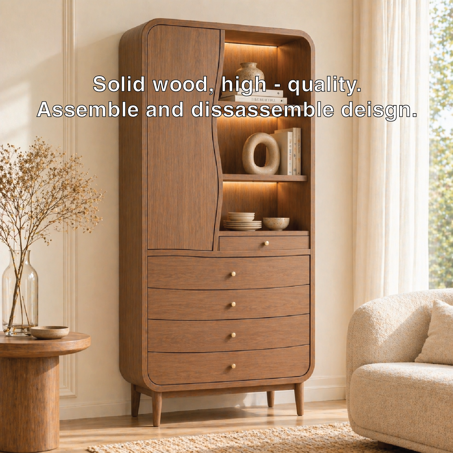 Modern Tall Wine Cabinet With Drawers Display Shelves Freestanding Storage Cabinet