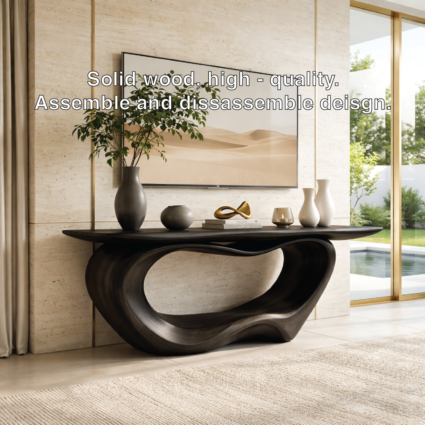 Solid Wood Console Table with Sculpted Base, Modern Minimalist Design