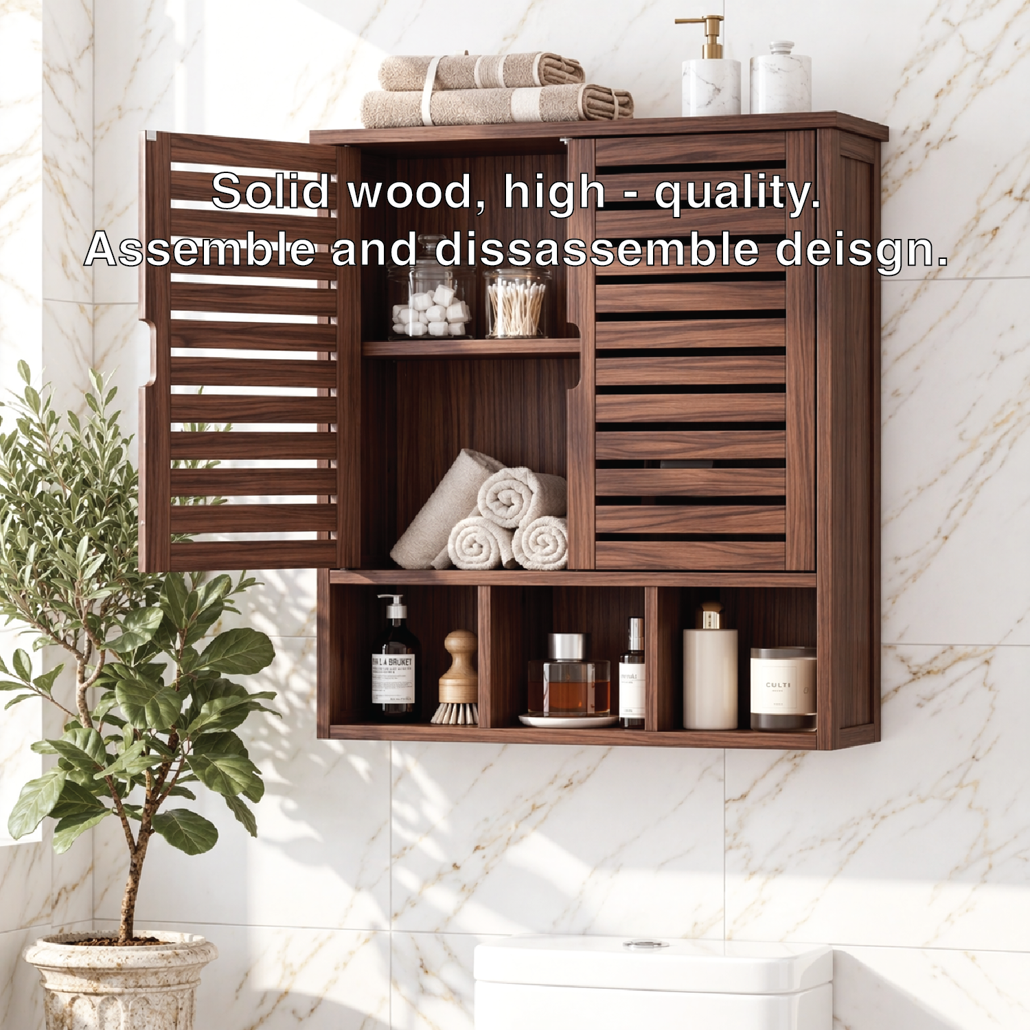Floating Bathroom Cabinet, Wall-Mounted Slatted Vanity Storage Organizer Shelf Unit