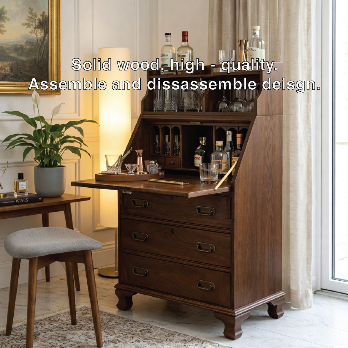 Mid Century Bar Cabinet, Fold-Down Cocktail Console with Glassware Bottle Storage