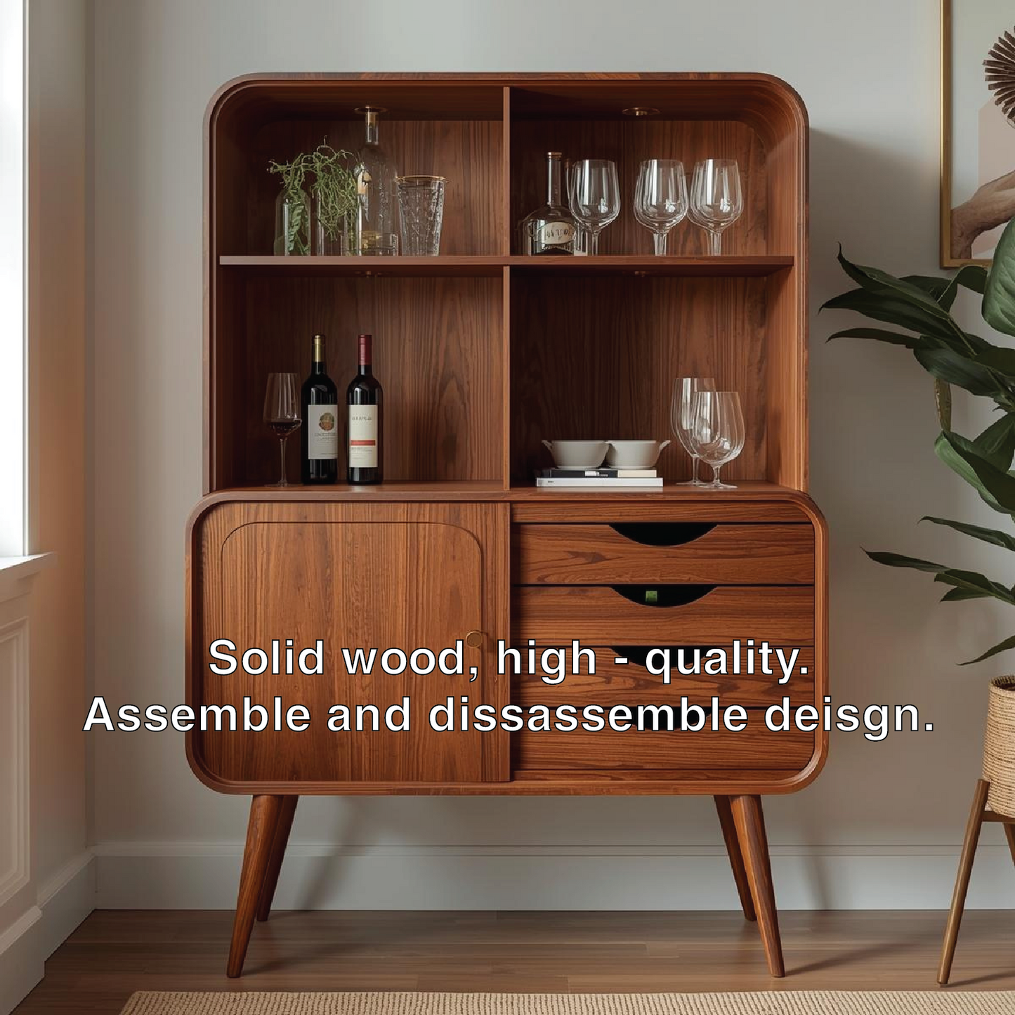 Handcrafted Solid Wood Wine Cabinet Mid Century Bar Storage with Shelves and Drawers