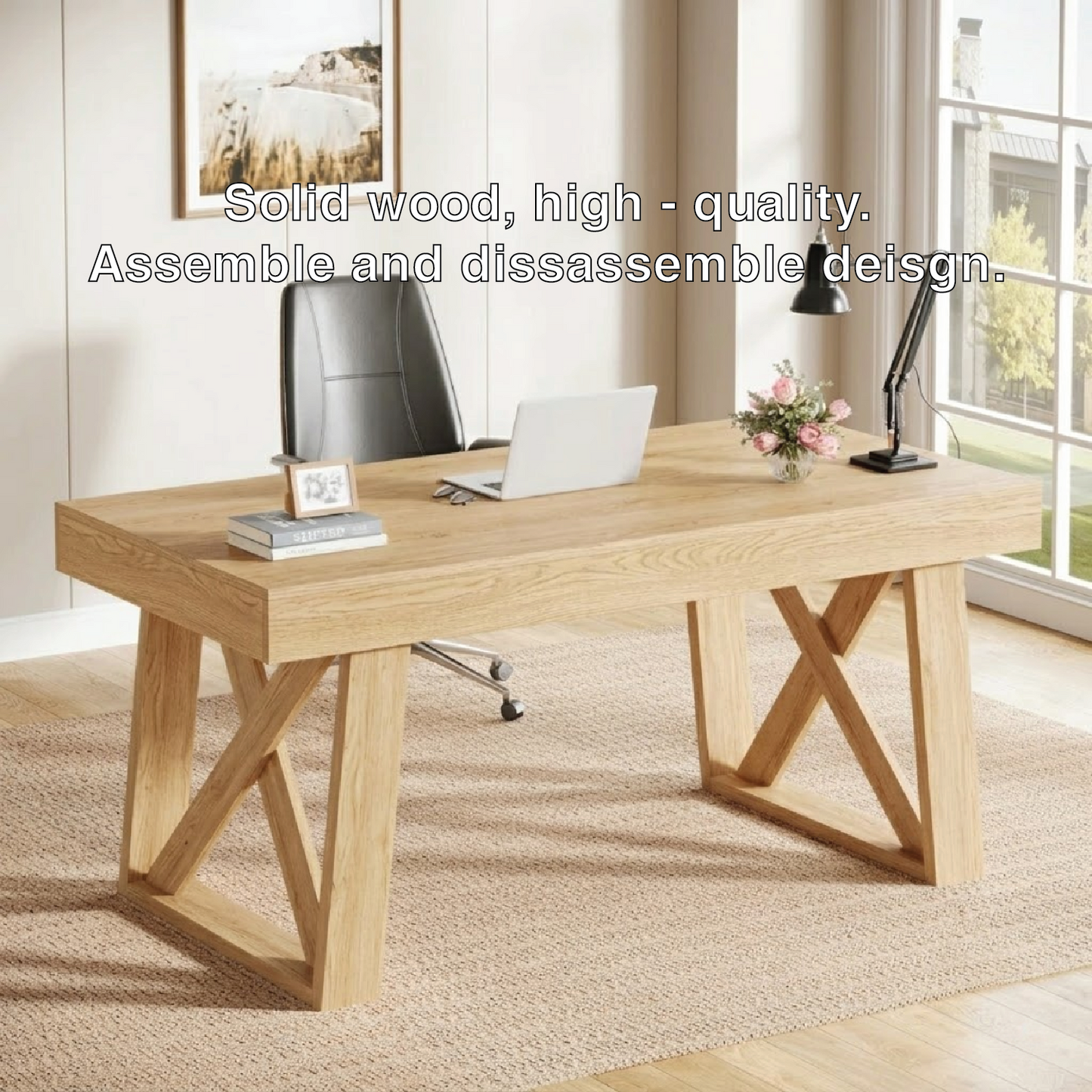 Contemporary Executive Desk with Architectural X-Frame Base, Minimalist Office Workstation Table