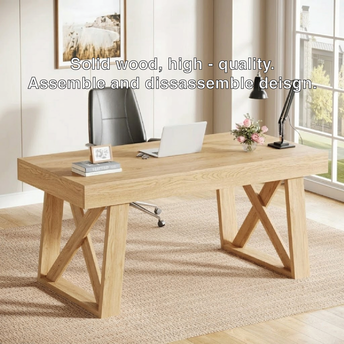 Contemporary Executive Desk with Architectural X-Frame Base, Minimalist Office Workstation Table