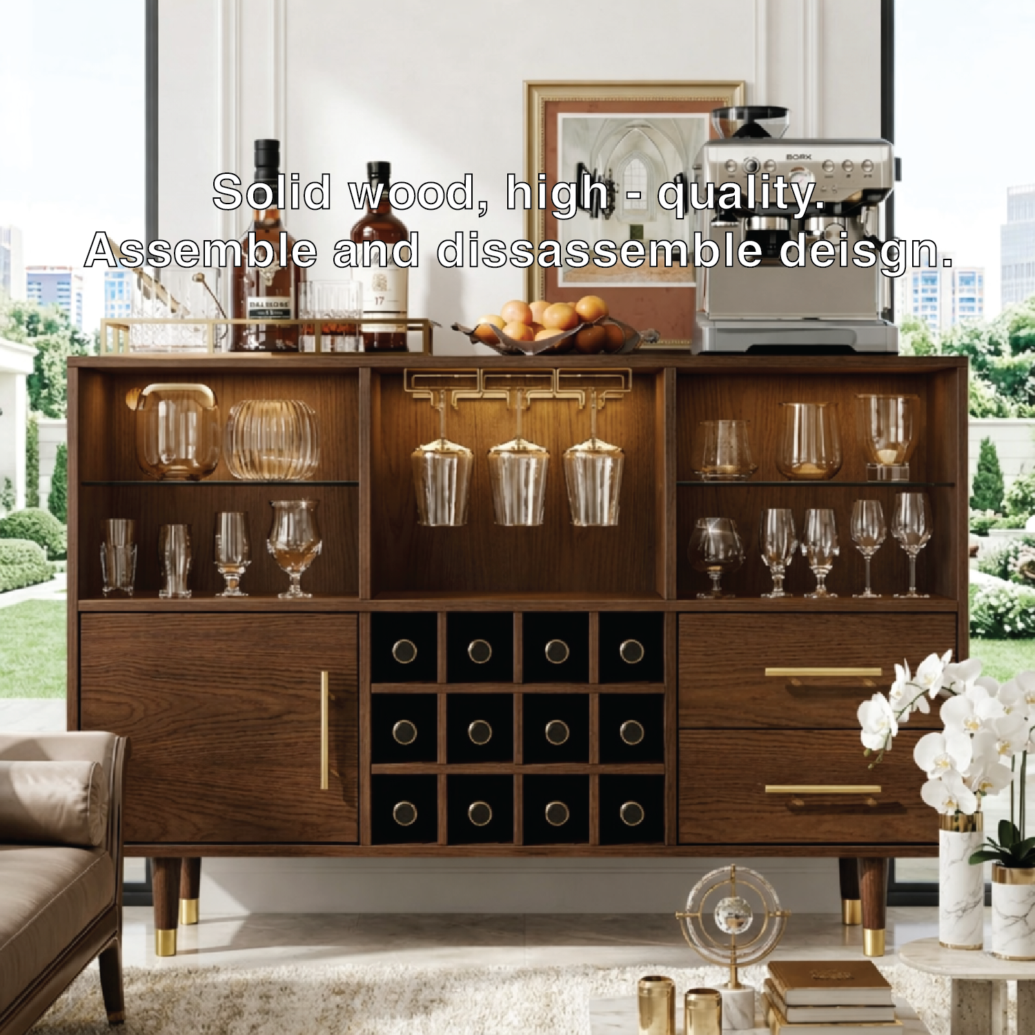 Modern Wooden Bar Cabinet, Coffee Station Sideboard with Built-In Wine-Glass Storage