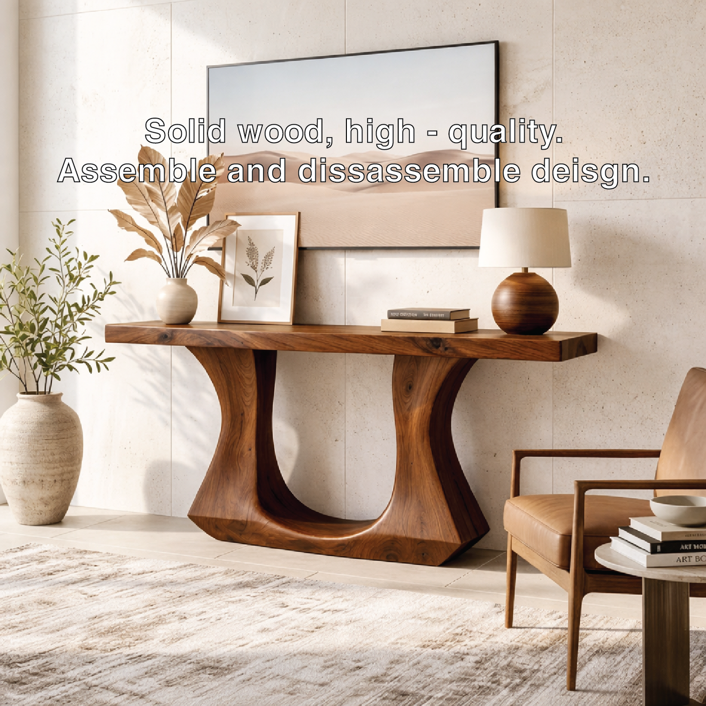 Solid Wood Console Table with Sculptural Curved Base, Modern Art Design