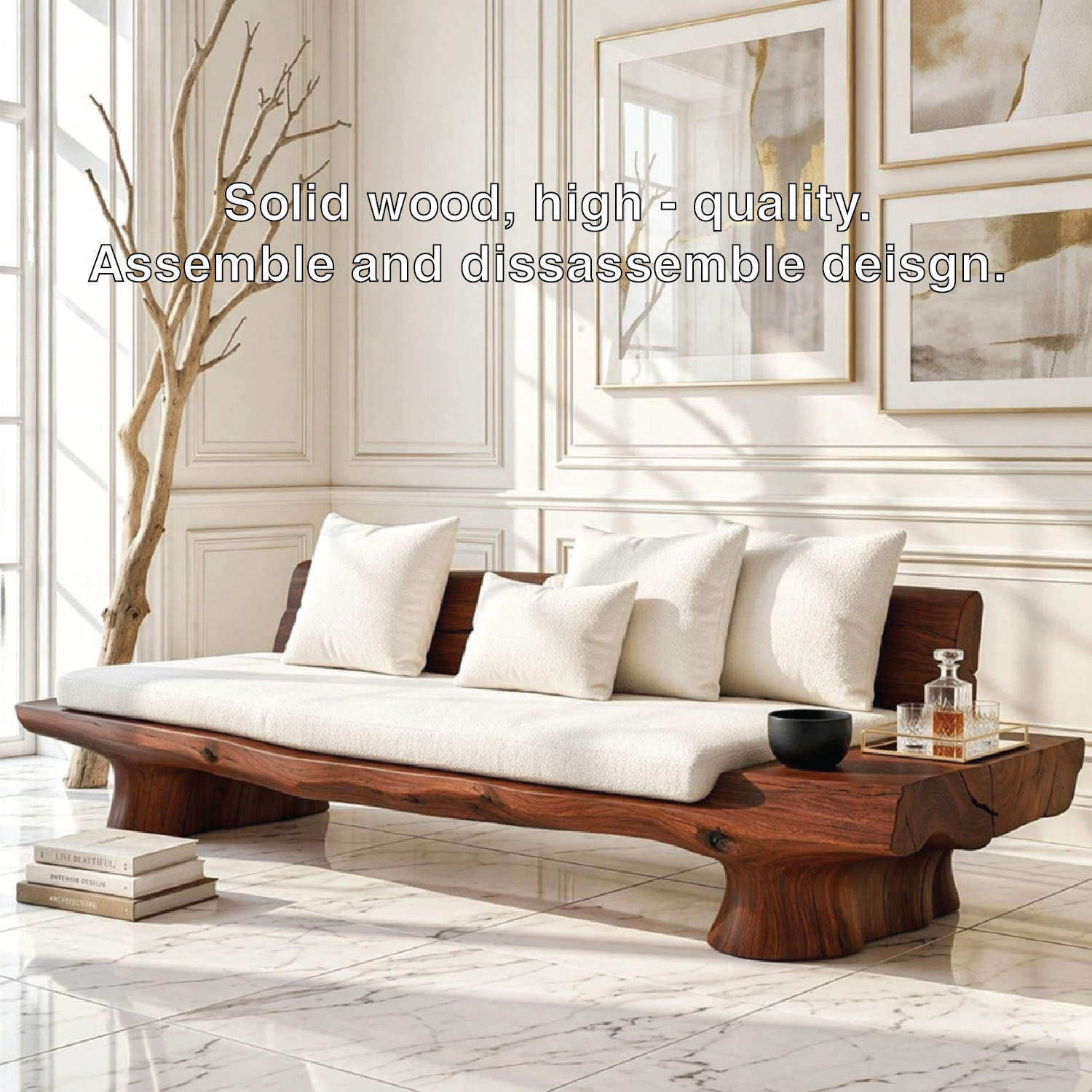 Organic Modern Wooden Sofa, Minimalist Statement Daybed with Plush Cream Cushions